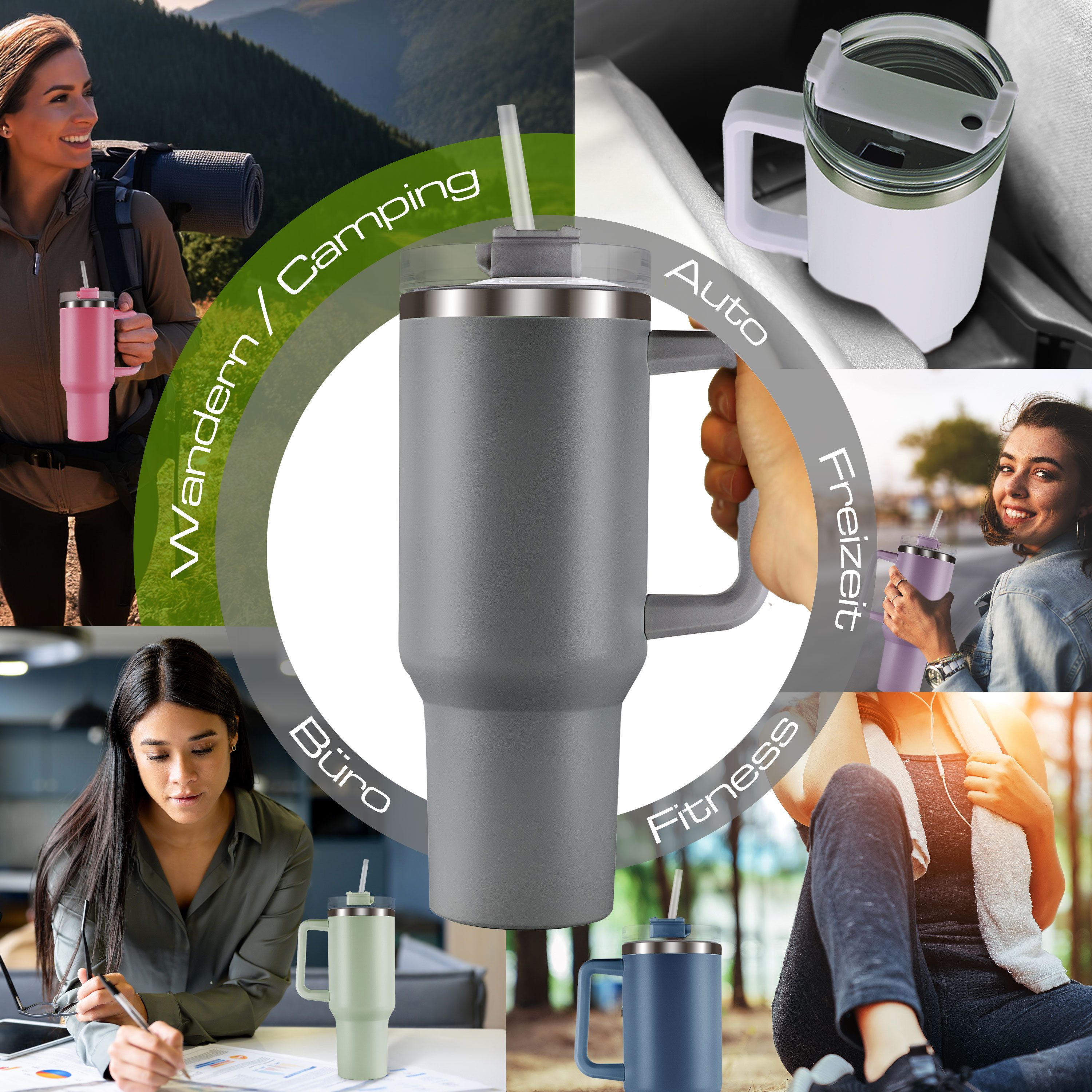 Roomando Thermobecher Becher mit Henkel Strohhalm Edelstahl Autobecher Kaffeebecher grau