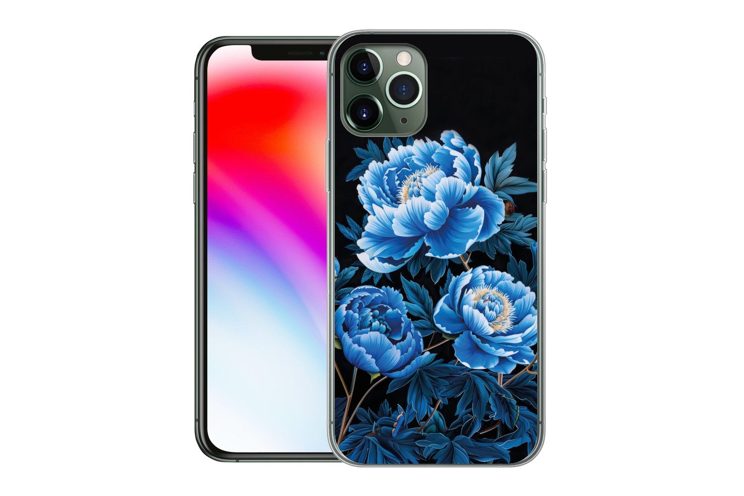 MuchoWow Handyhülle für Apple iPhone 11 Pro Blumen - Schwarz - Blau - Modern, Smartphone-Bumper, Print, Handy Schutzhülle Dünn