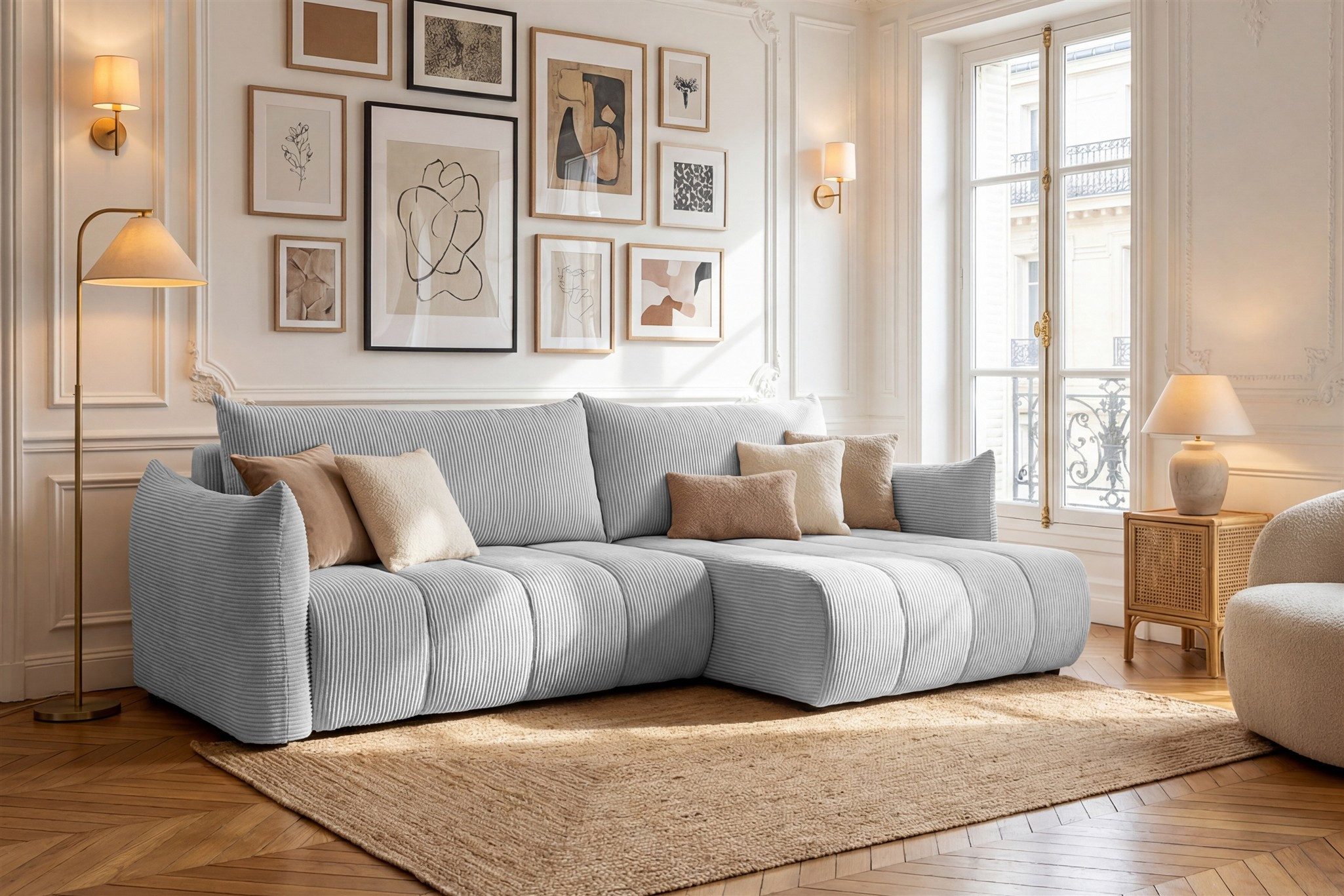 Ecksofa Schlafsofa ONTARIO mit Ottomane in Stoff Poso