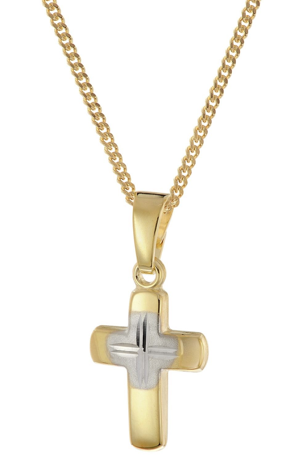 trendor Panzerkette Kreuz für Kinder Gold 585/14K Bicolor + Vergoldete Silberkette