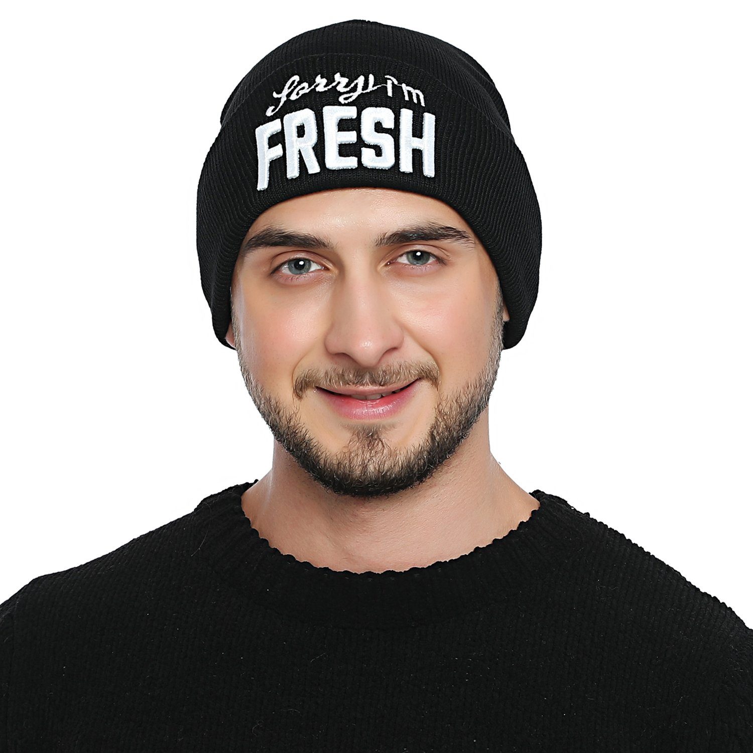 DonDon Beanie DonDon Herren stylische schwarze Mütze Winter Beanie SORRY I'm FRESH (Packung, 1-St) Wintermütze, mit coolem Statement-Print, Strickmütze mit Krempe