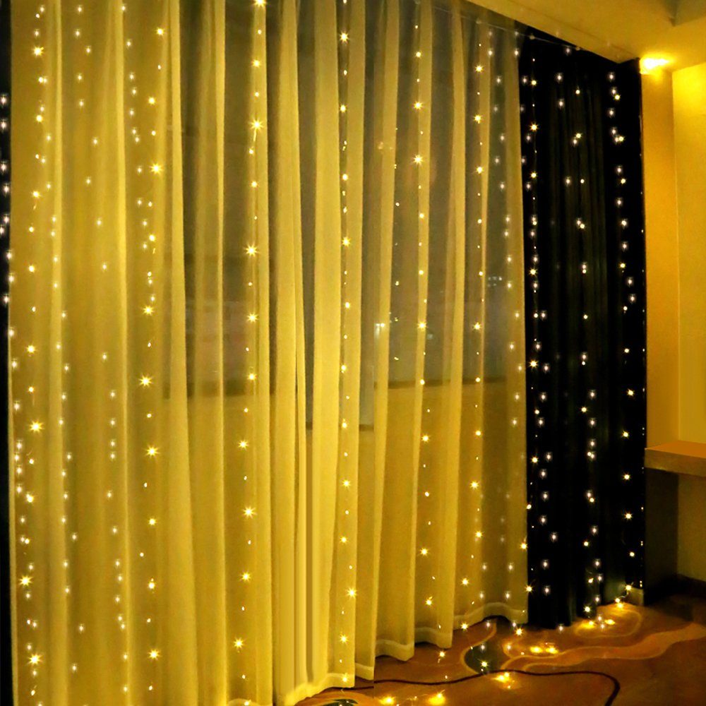 Rosnek LED-Lichtervorhang 3 X 3M, Warmweiß Modi/Musik Party, aktiviert, Fenster Fernbedienung, Wand Schlafzimmer Deko Aufhängehaken; für Weihnachten 8 Garten mit