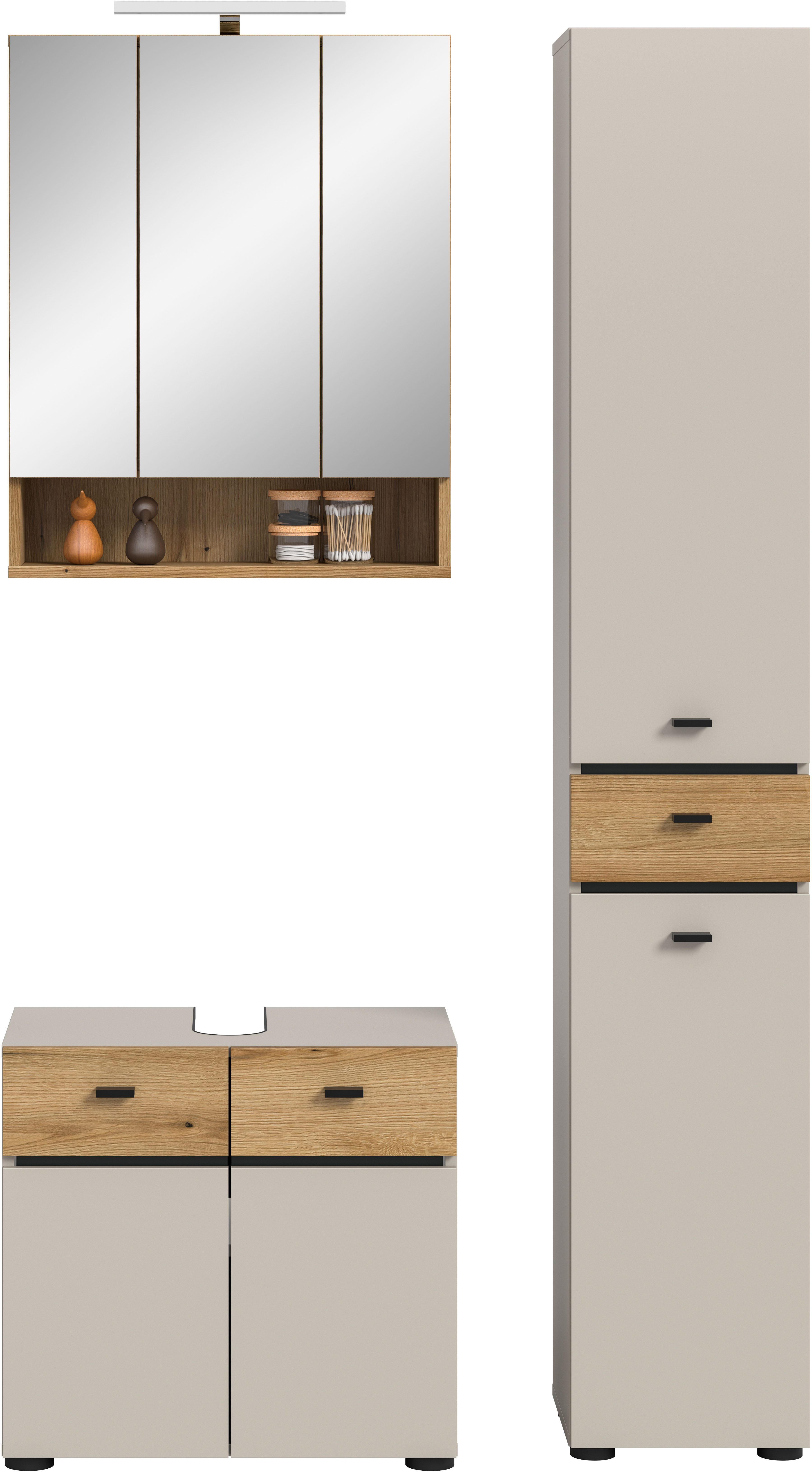 welltime Badmöbel-Set VANN, 3-teilige moderne Badkombination, inkl. Beleuchtung, (3-St., Waschbeckenunterschrank, Spiegelschrank inkl. Beleuchtung, Hochschrank), Bad-Kombination, Bad-Möbel, Badezimmer, Kombination, Kombi, Bad-Set