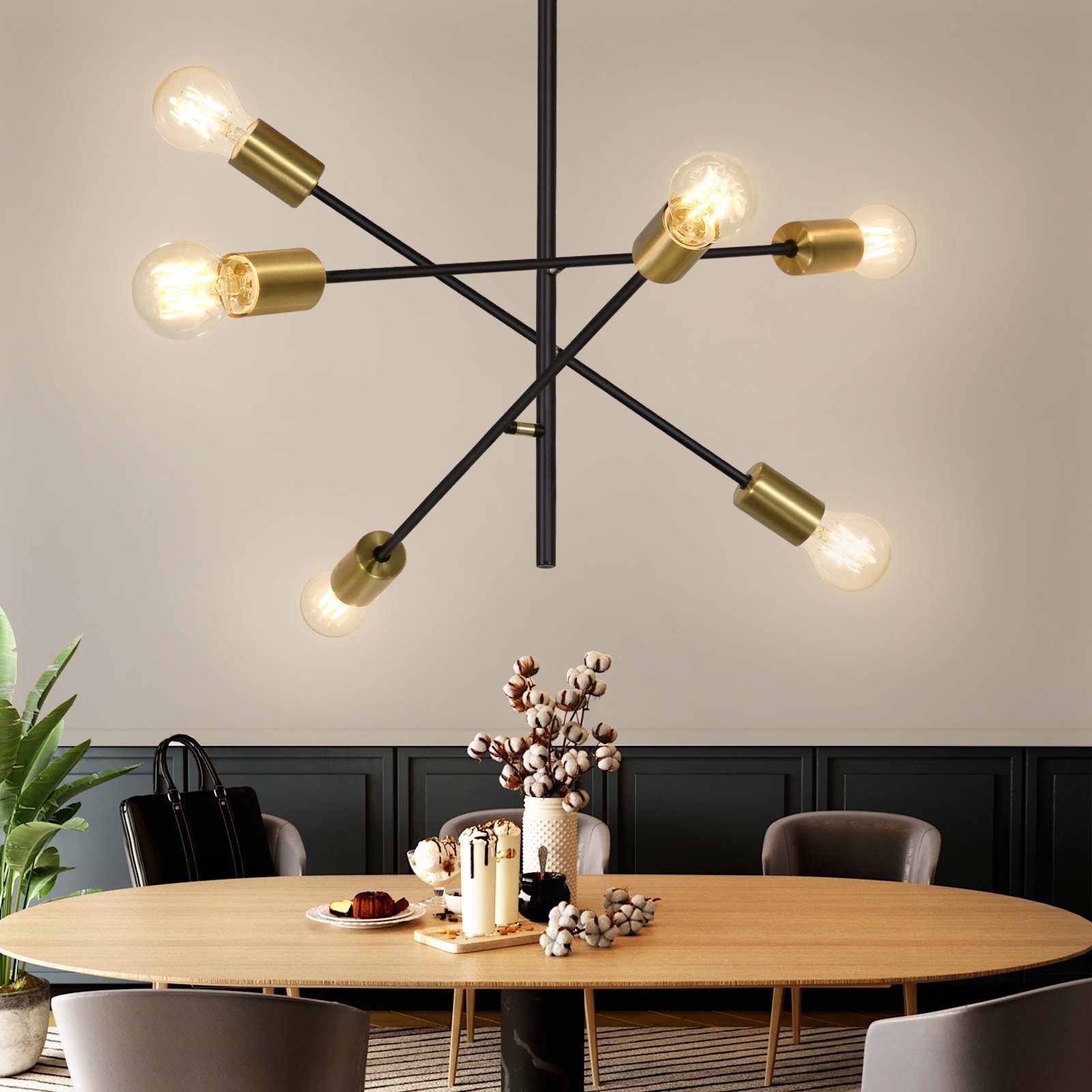 ZMH Pendelleuchte Kronleuchter Vintage Wohnzimmerlampe Hängend E27 Schwarz Gold, ohne Leuchtmittel, 6 Flammig Esstischlampe Retro Pendelleuchte