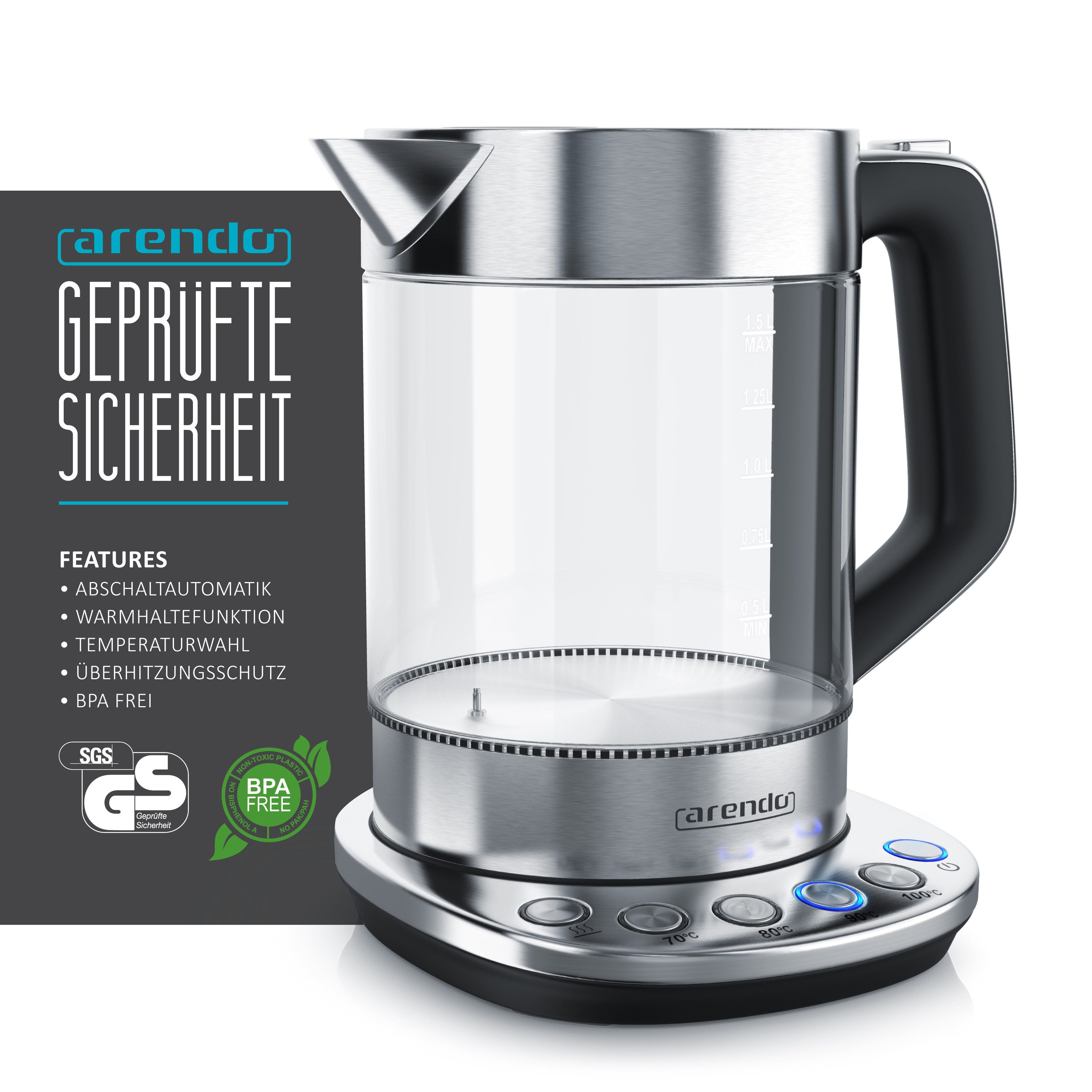 Arendo Frühstücks-Set Edelstahl Wasserkocher 1,5l, 4-Scheiben Langschlitz Toaster, silber (2-tlg), Wasserkocher Glas mit Temperatureinstellung, Toaster Brötchen – Bild 4 von 5