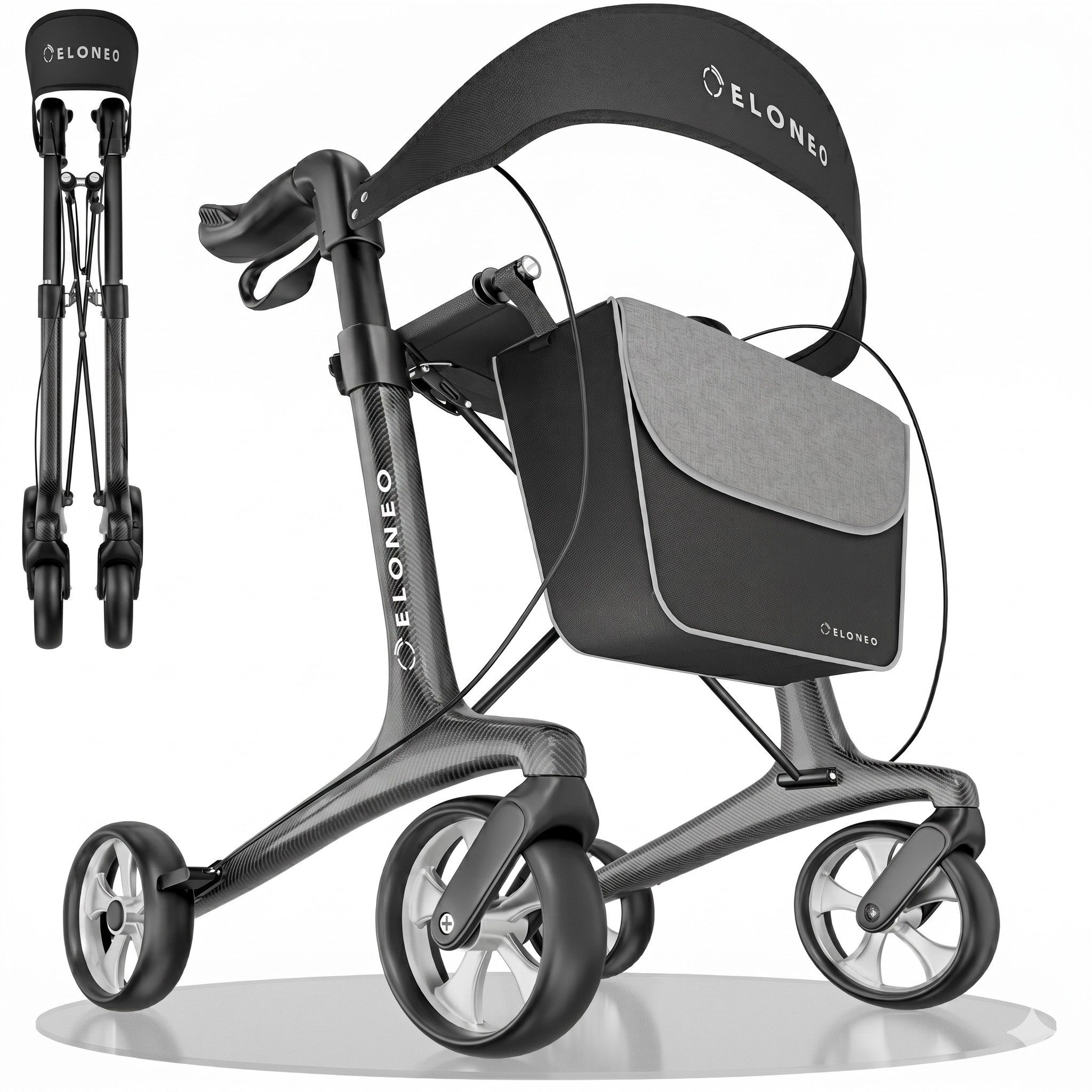 ELONEO Rollator aus Carbon, ultraleicht, faltbar, mit Sitz, Faltbarer Rollator mit Sitz, Rückenlehne, Einkaufstasche