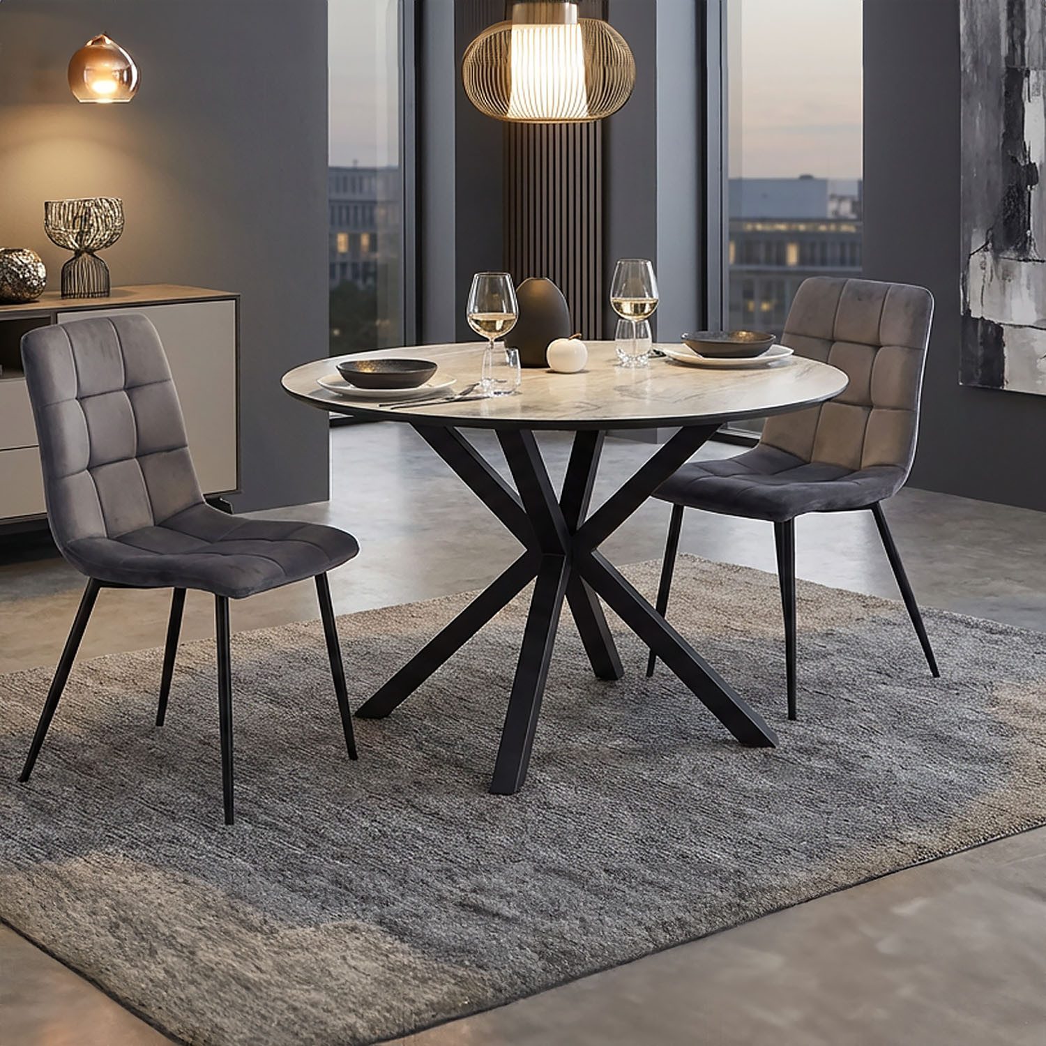 Homestyle4u Essgruppe 5tlg / 3tlg. rund Ø110 2/4 Polsterstühle grau Metallgestell Steinoptik, (3-tlg), 3-teilig, kratzfest, mspritzwasserfest, Tisch mit Essstuhl
