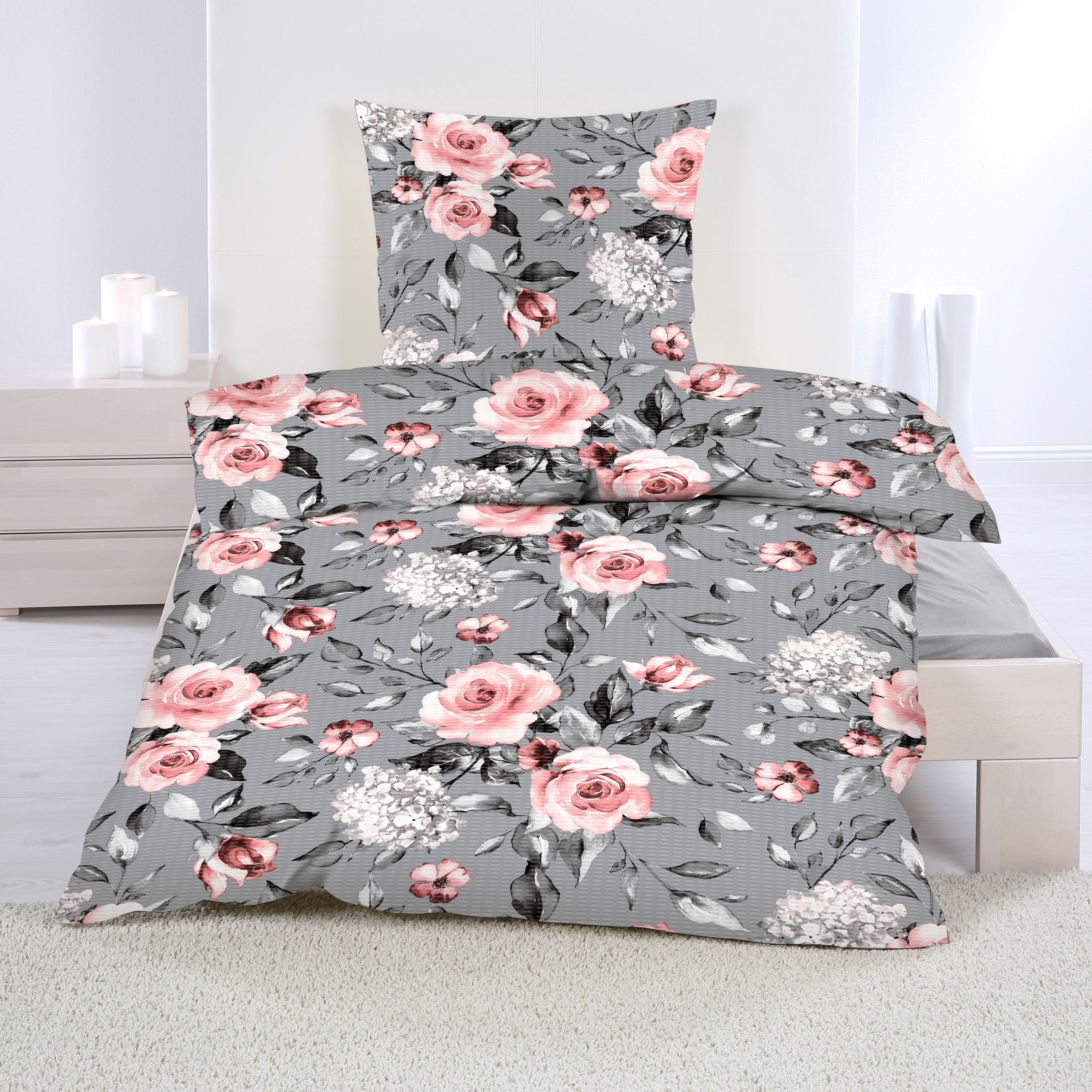 Casa Colori Bettwäsche Casa Calori, Seersucker, 2 teilig, rosa Rosen auf grauem Hintergrund