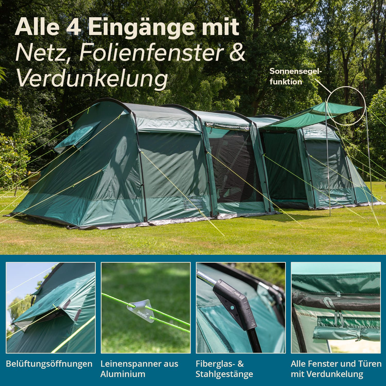 Skandika Tunnelzelt Campingzelt, Montana 8 Sleeper, 3-4 nachtschwarzen Schlafkabinen, Personen: 8, wasserdicht, 5000mm Wassersäule, Moskitonetze, Sleeper Technologie
