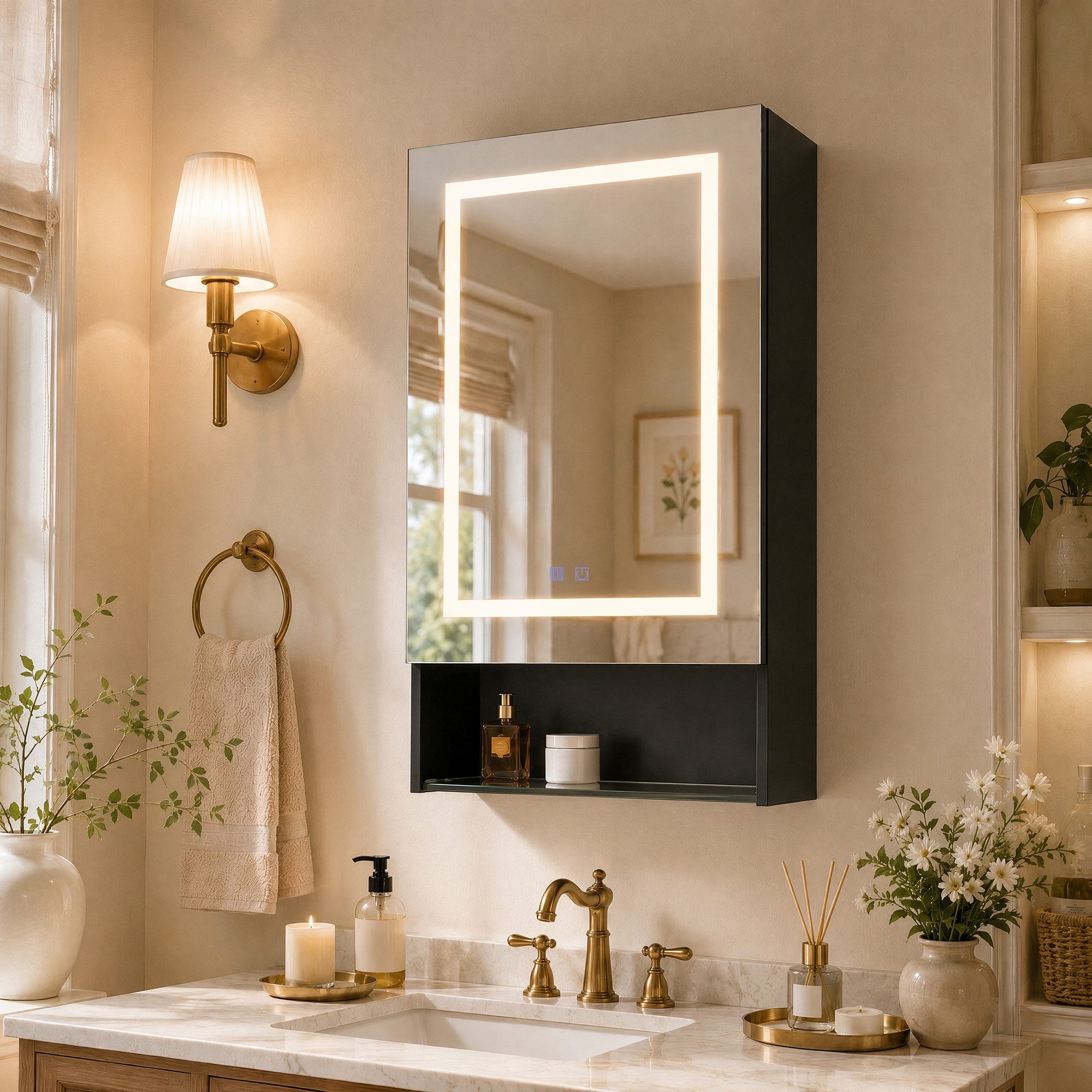 Furnishings Home Badezimmerspiegelschrank Spiegelschrank Wandschrank Hängeschrank (1-St., Drei einstellbare Lichtfarbtemperaturen) inkl. LED-Beleuchtung, Touchschalter, Beschlagfrei, Offene Staufächer