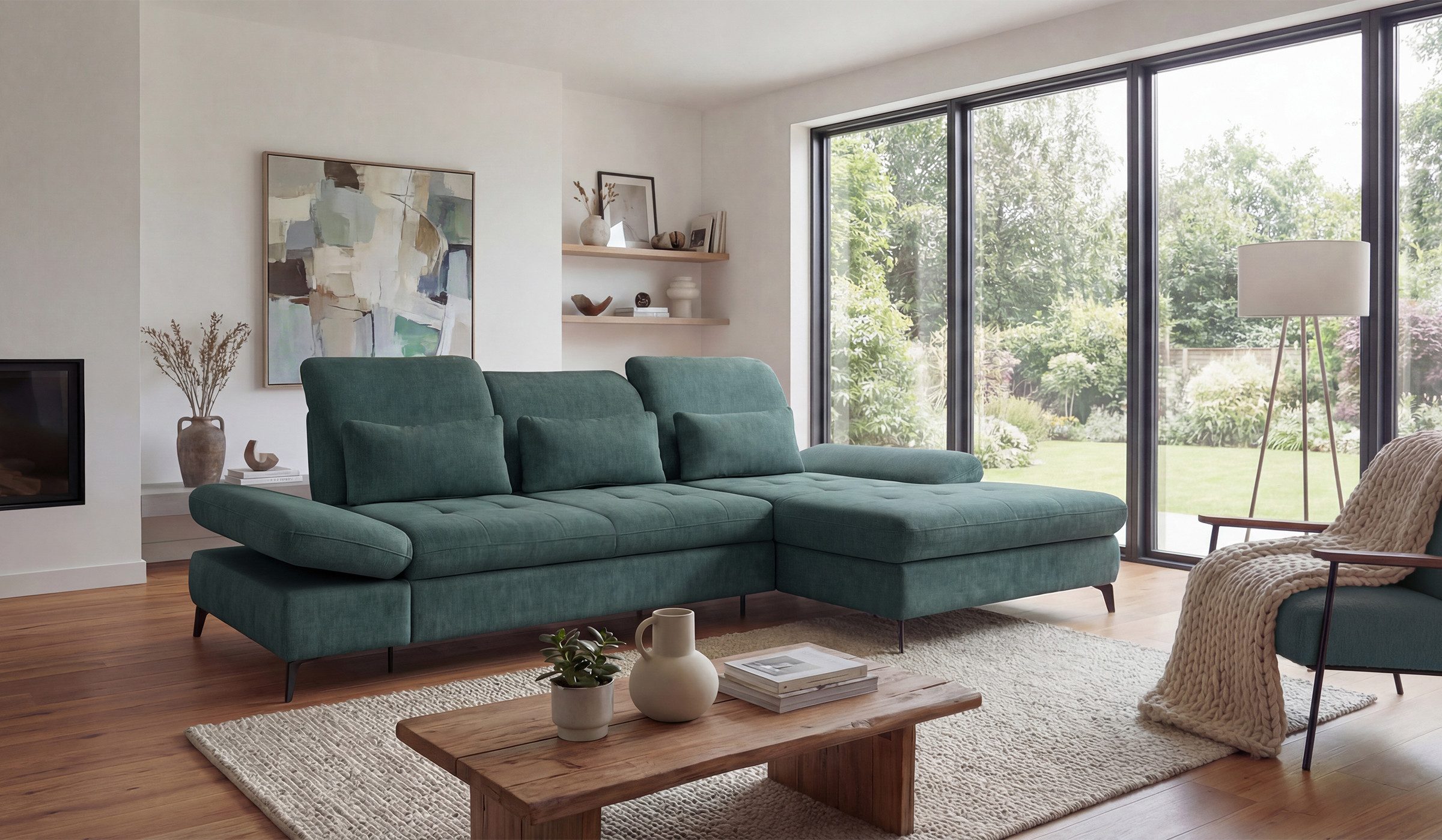 Hygger Möbelhaus Ecksofa Nola L-Form 300 x 170 cm. Wahlweise mit Bettfunktion und Bettkasten., Inkl. Sitztiefenverstellung, Kopfteilverstellung, Armteilverstellung, funktionales Design im minimalistischen Stil.