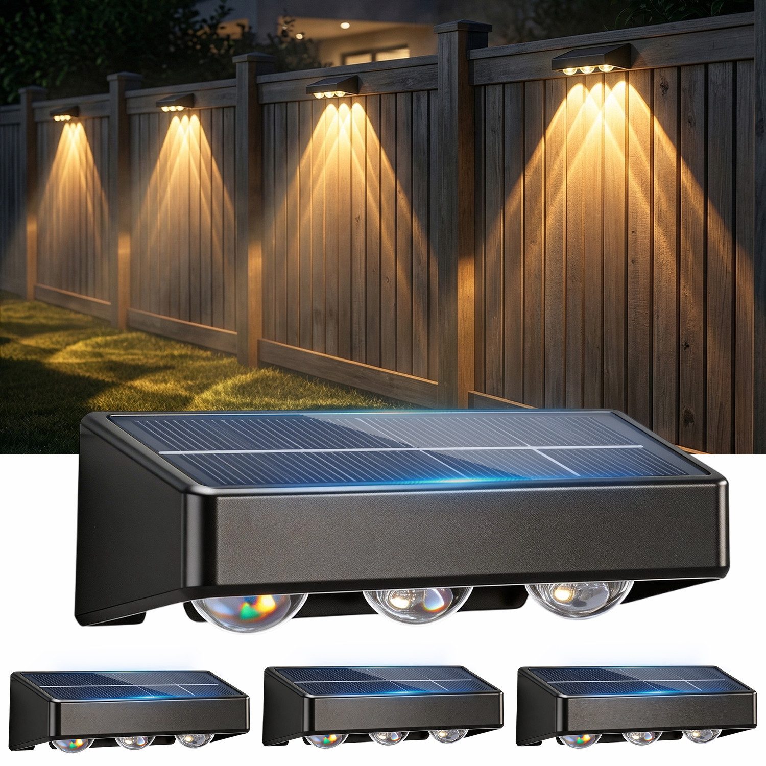 oyajia LED Solarleuchte 4 Stück LED Solarlampe für Außen, 3 LEDs Solarleuchte Außen Wandlampe, LED fest integriert, Warmweiß, Kaltweiß, RGB, RGB LED Solarleuchte für Veranda, Garten, Terrasse, Zaun, Wand, Balkon