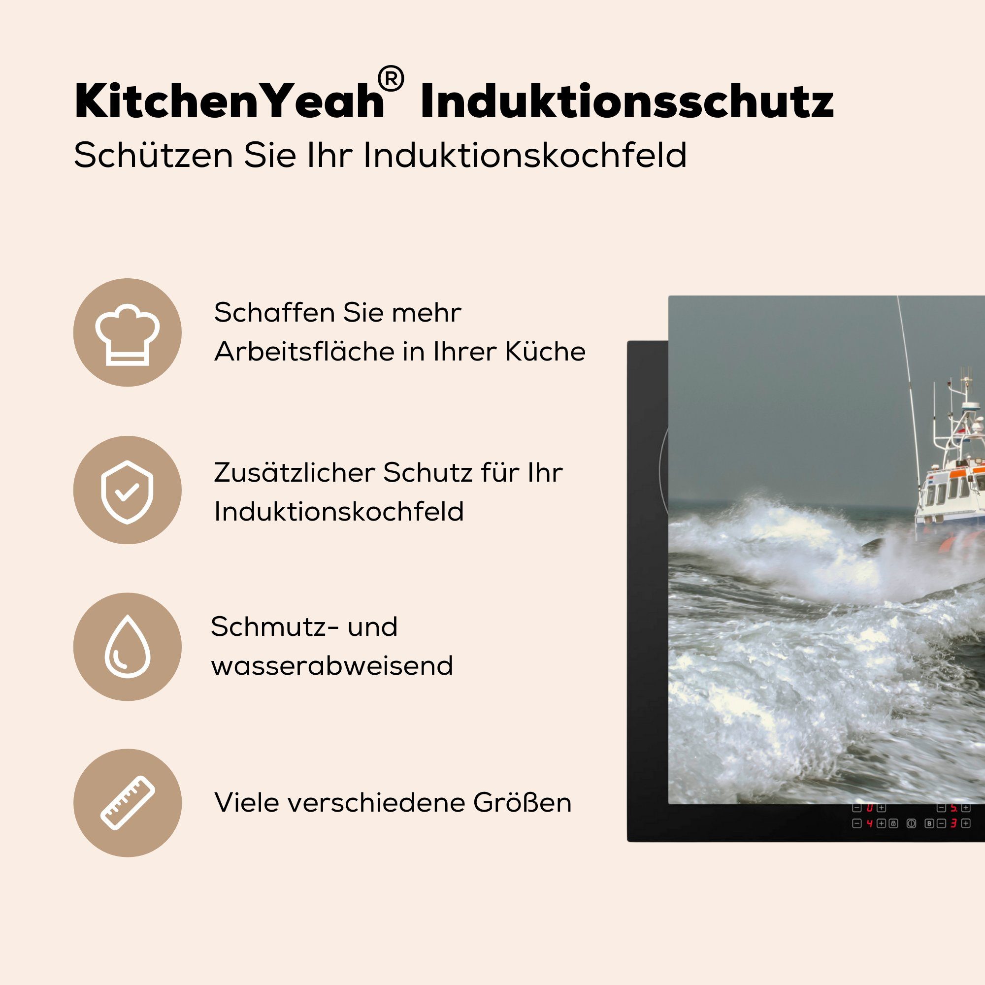 (1 Vinyl, 81x52 die Induktionskochfeld Ein Schutz cm, Rettungsboot See, auf Ceranfeldabdeckung Herdblende-/Abdeckplatte MuchoWow küche, für tlg),