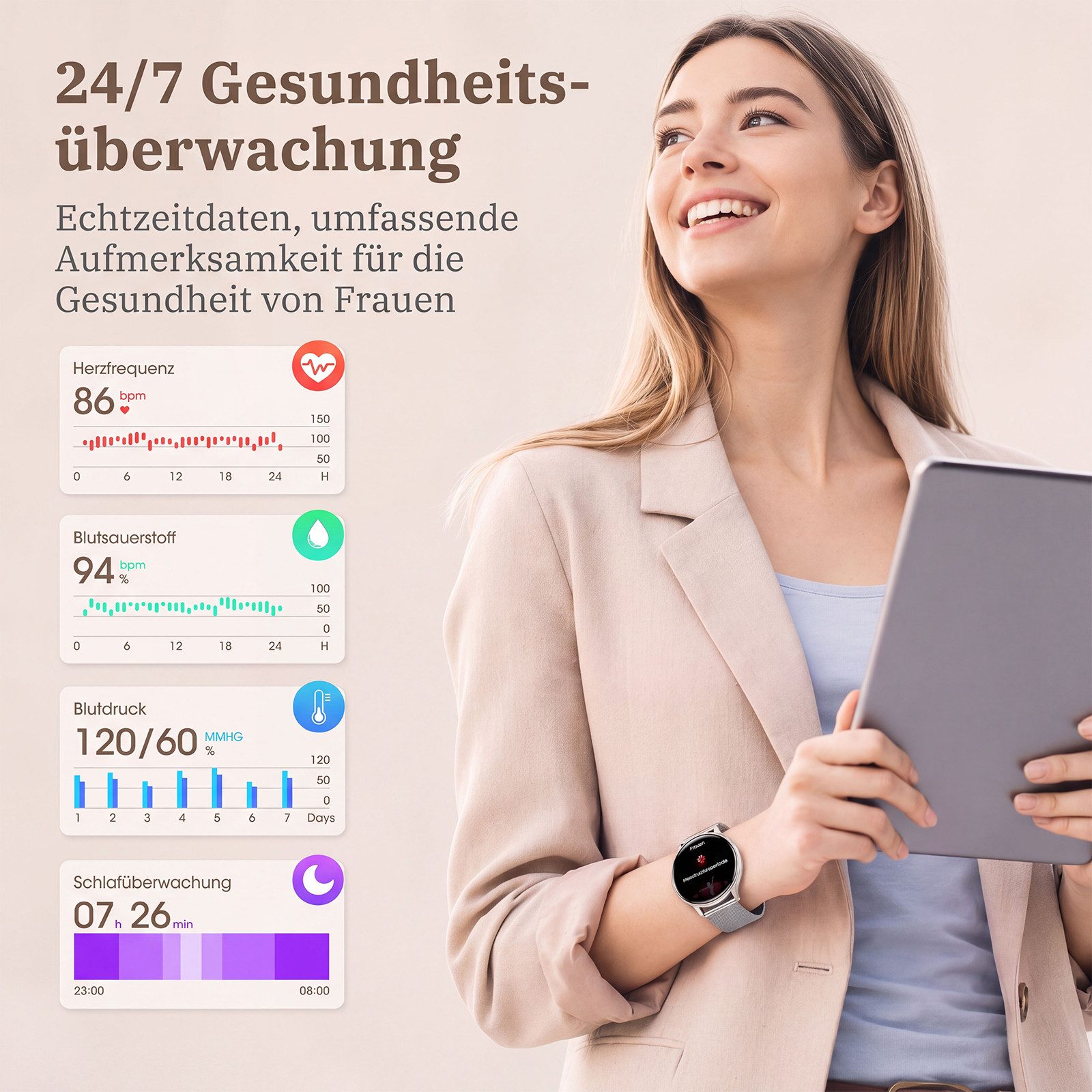 Whraills Smartwatch Damen 4.7mm ultradünn mit 120+ Sportmodi/Pulsuhr/Blutdruck Smartwatch 1,43″ AMOLED Display Fitnessuhr Damen mit SpO2/Schlafmonitor,Zyklus, Stressmessung,Atemtraining,20 Tage Akku,IP68, Geschenk für Frauen