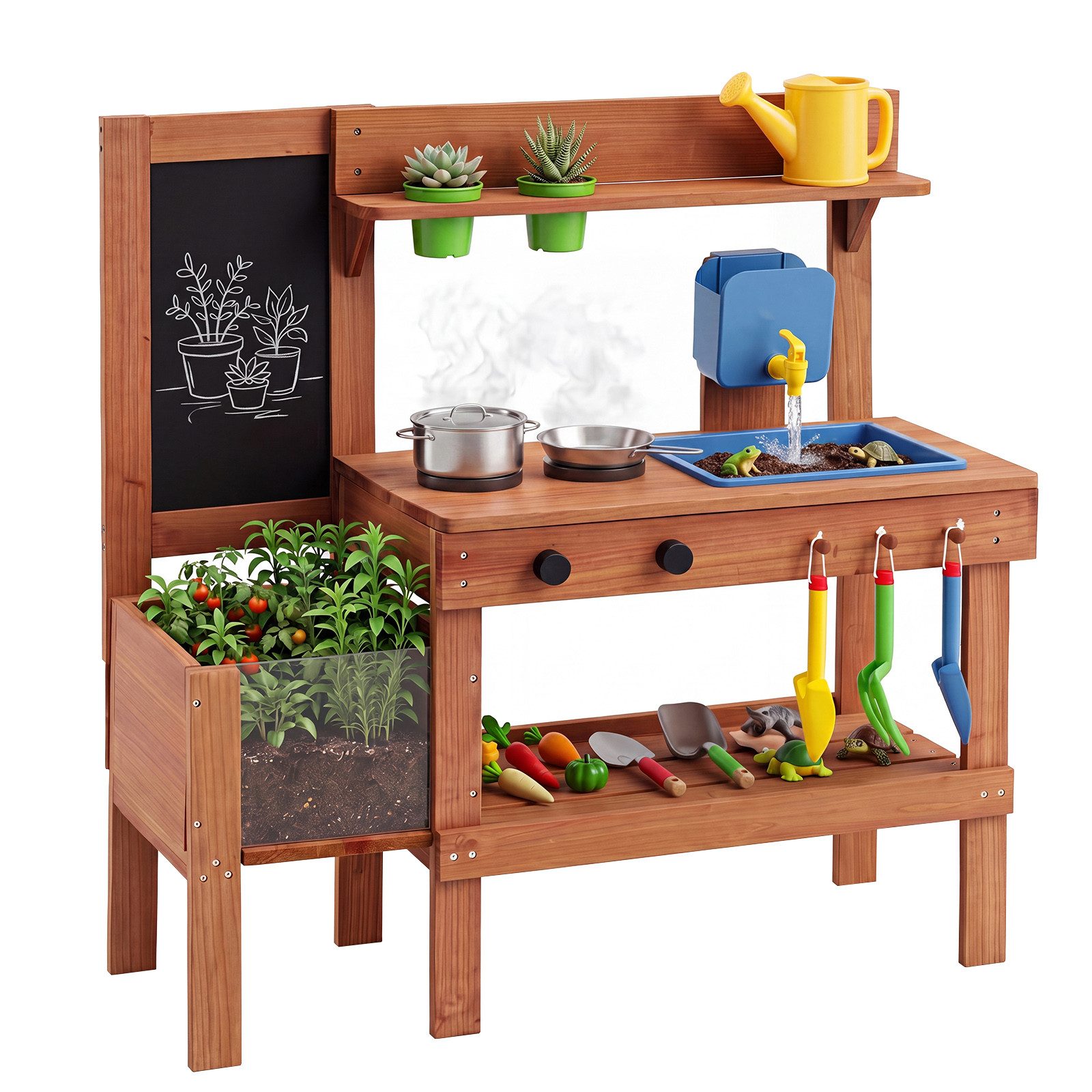COSTWAY Outdoor-Spielküche Holz, Mit Pflanzkasten, Tafel, Spülbecken & Wasserhahn