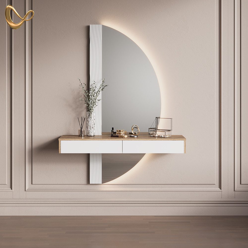 Livinity® Schminktisch Ascona, Weiß/Eiche, 120 cm mit LED Beleuchtung günstig online kaufen