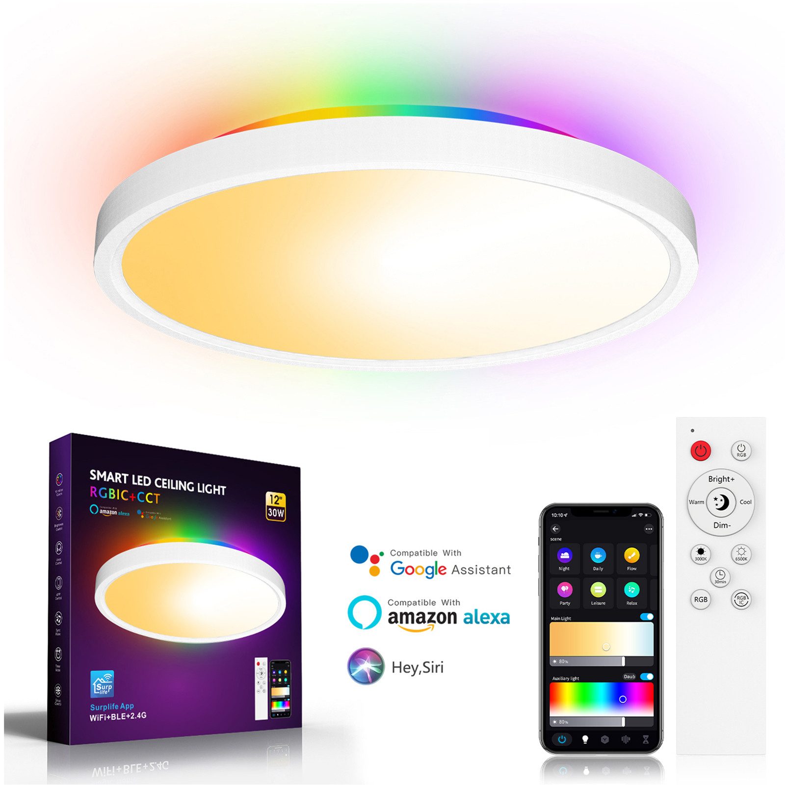 Jibenhome LED Deckenleuchte RGB Smart Wifi Deckenleuchte mit Fernsteuerung und App, Ø 30 cm Rund, Kompatibel mit Alexa und Google Assistant, für Wohnzimmer Schlafzimmer