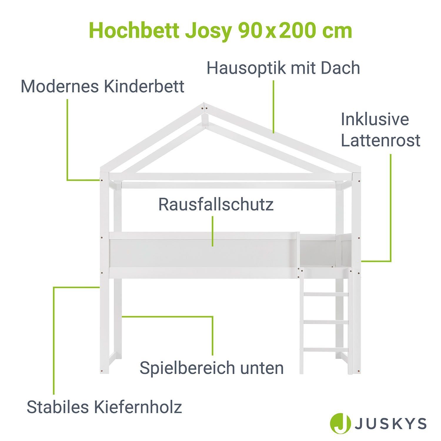 90x200 Josy, stabiles Kinderbett cm, Kiefernholz modernes Hochbett, Juskys Rausfallschutz,