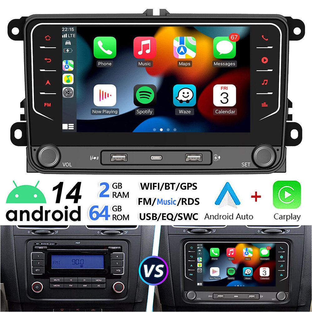 ESSGOO 7" Android 14 Für VW GOLF 5 6 Touran EOS Tiguan Polo 6R Passat Caddy Autoradio (DAB+ (optional), FM, RDS, 4+64GB(optional), Carplay Android Auto Bluetooth EQ USB GPS Navi WIFI IPS Touchscreen)