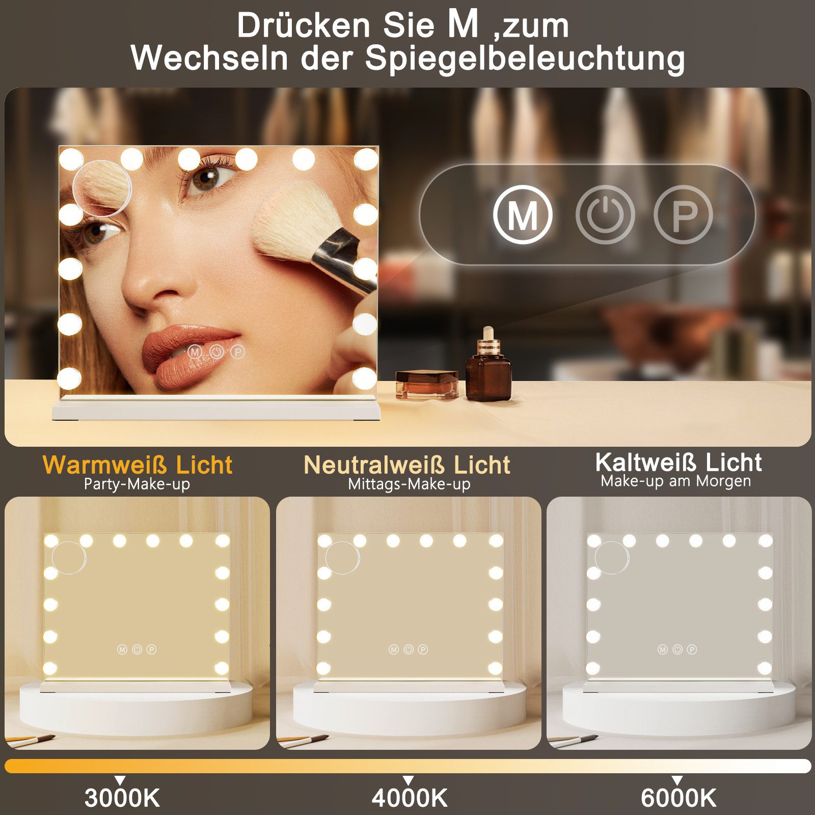 ZMH Schminkspiegel mit Beleuchtung, 3 Lichtfarben, dimmbar, Touch (Packung, 1-St., 1*Schminkspiegel mit Beleuchtung), 50 × 40 cm, 14 LED-Leuchten, USB-Anschluss – Bild 3 von 5