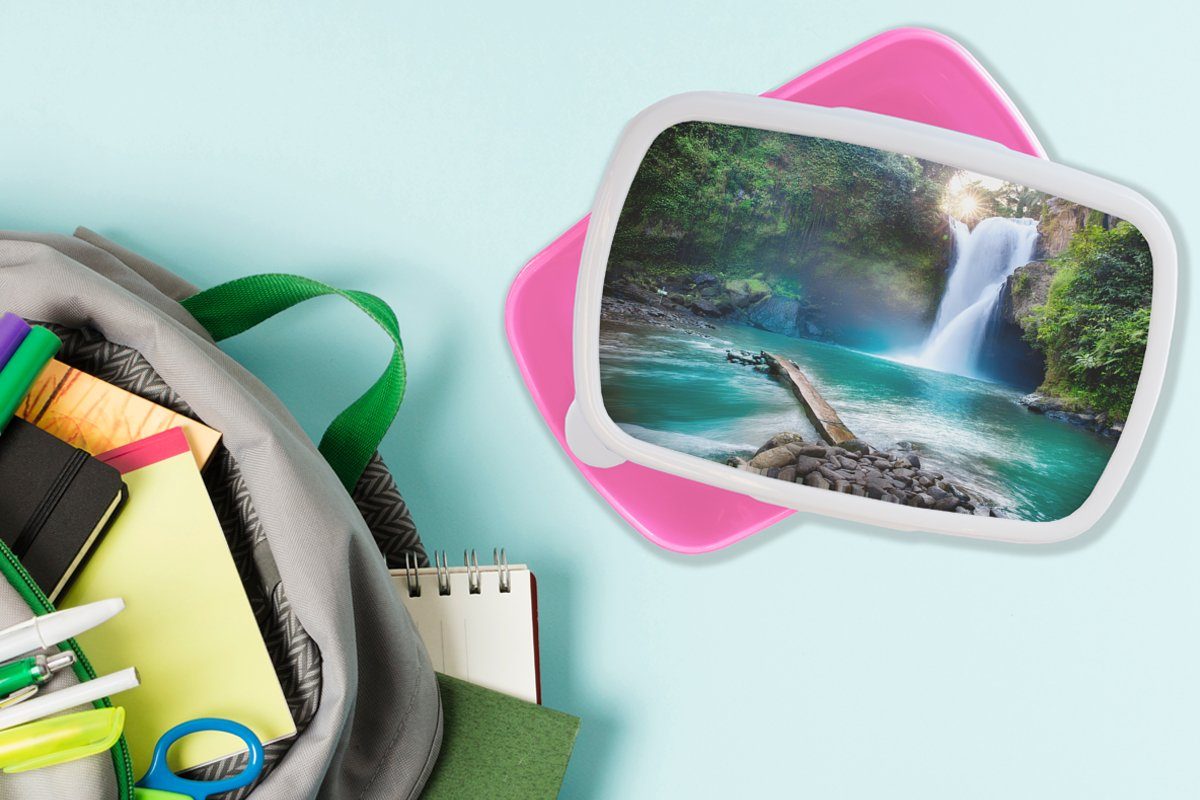 MuchoWow Lunchbox Wasserfall Steine Brotdose Mädchen, - Pflanzen für Kinder, - Kunststoff (2-tlg), - Kunststoff, Landschaft rosa Snackbox, Wasser, Erwachsene, - Brotbox