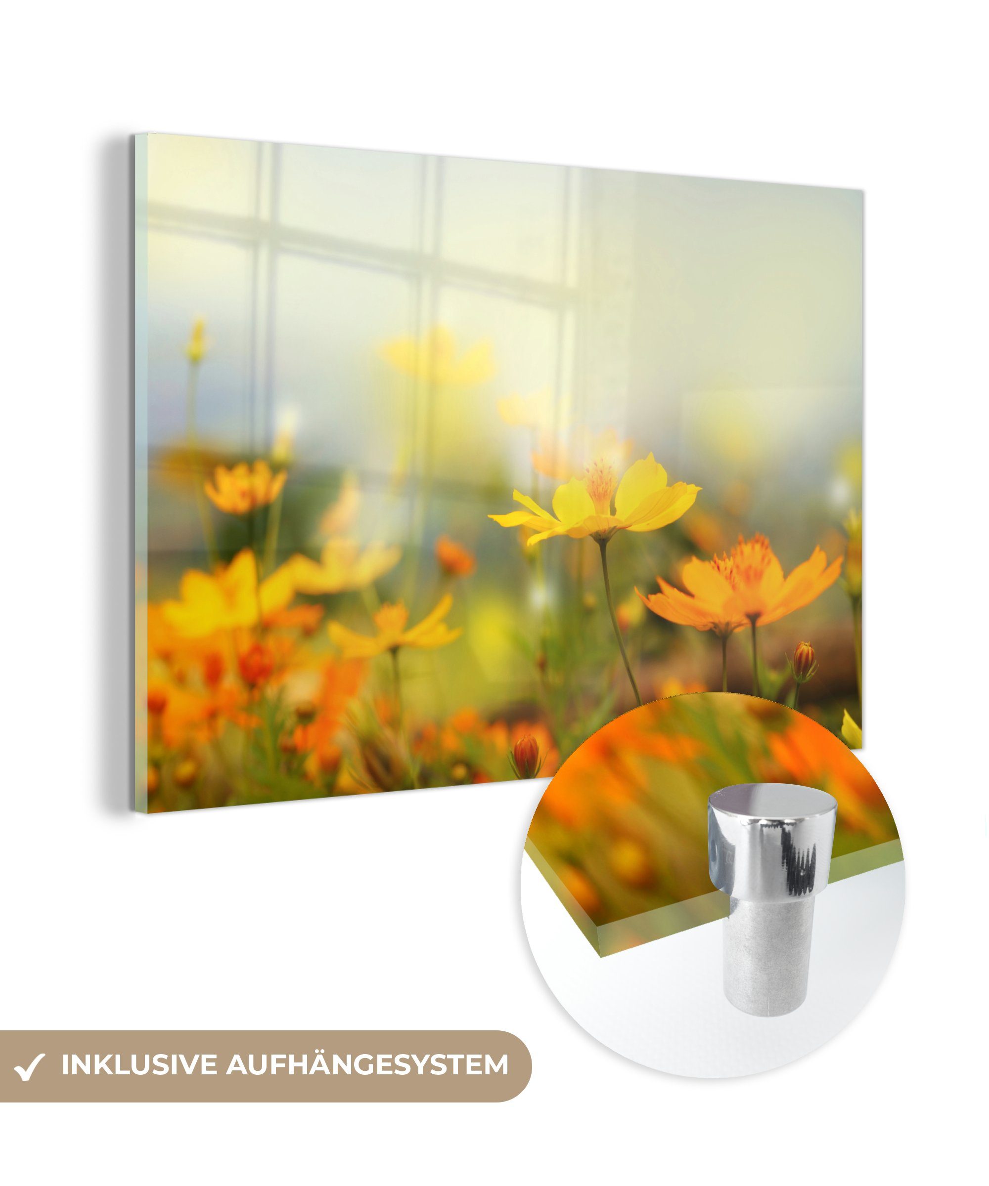 MuchoWow Acrylglasbild Blumen - Landschaft - Gelb, (1 St), Glasbilder - Bilder auf Glas Wandbild - Foto auf Glas - Wanddekoration