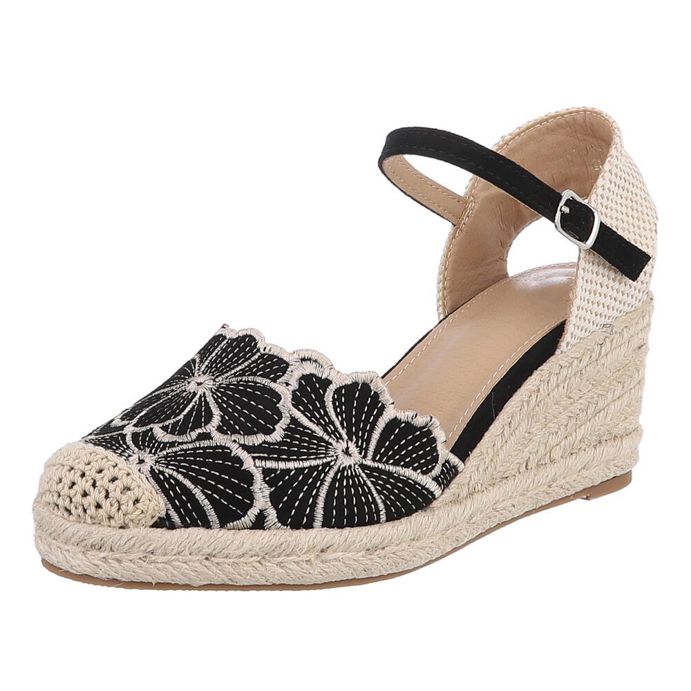 Ital-Design Beige Wedges mit Blumenstickerei – Sommerliche Eleganz Schnürpumps (89372896) Keilabsatz/Wedge Pumps in Schwarz
