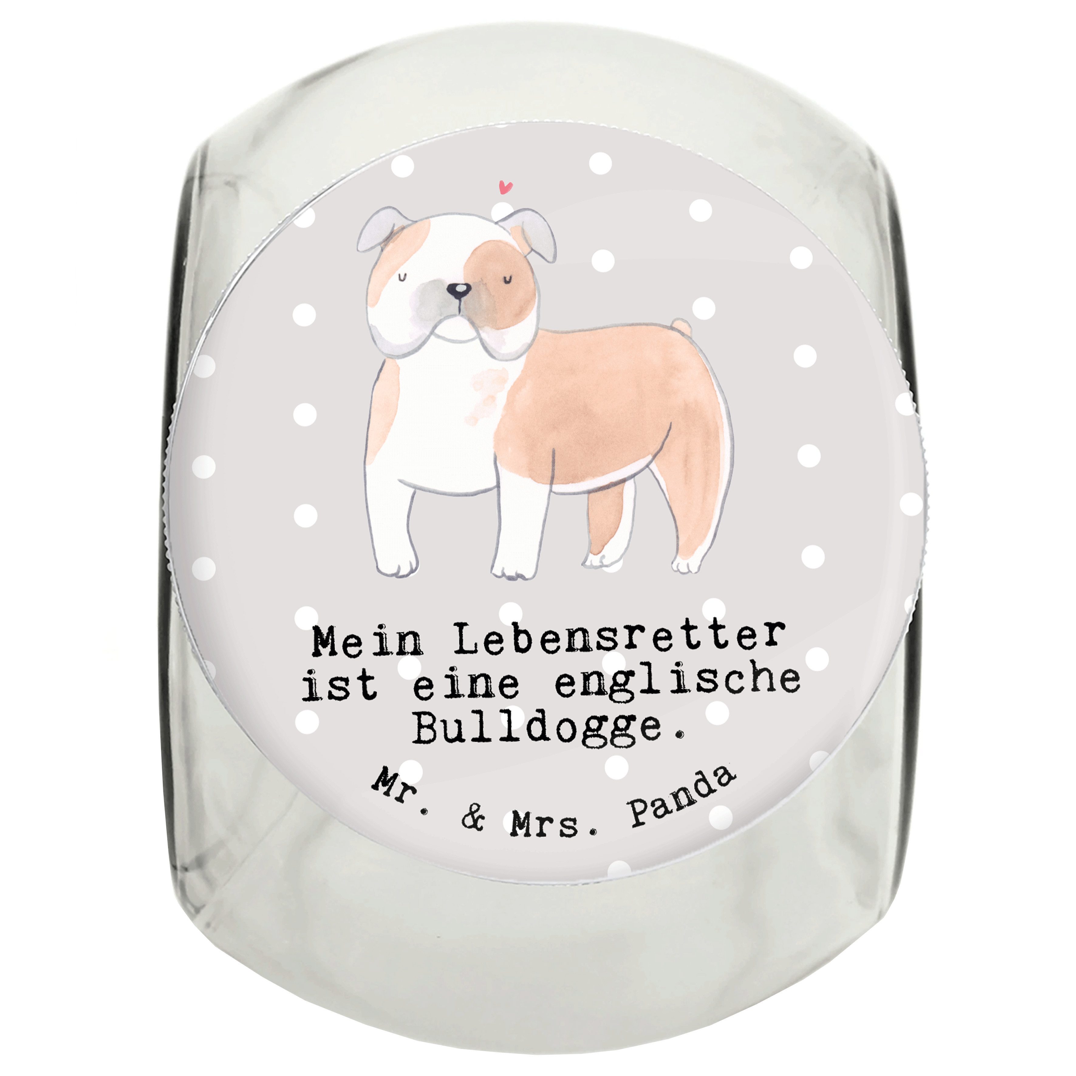Mr. & Mrs. Panda Vorratsglas L 870ml Englische Bulldogge Lebensretter - Grau Pastell - Geschenk, H, Premium Glas, (1-tlg), Vielseitig einsetzbar