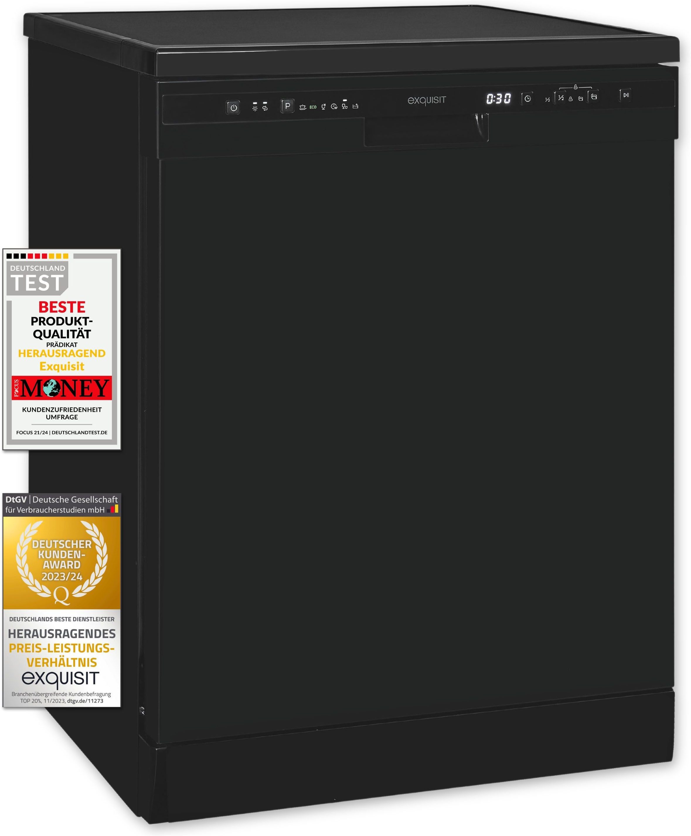exquisit Standgeschirrspüler GSP6312-030C schwarz, 9,8 l, 12 Maßgedecke, 12 Maßgedecke, 6 Programme, LED, Besteckkorb, Auto Door Open, AquaStop – Bild 2 von 5