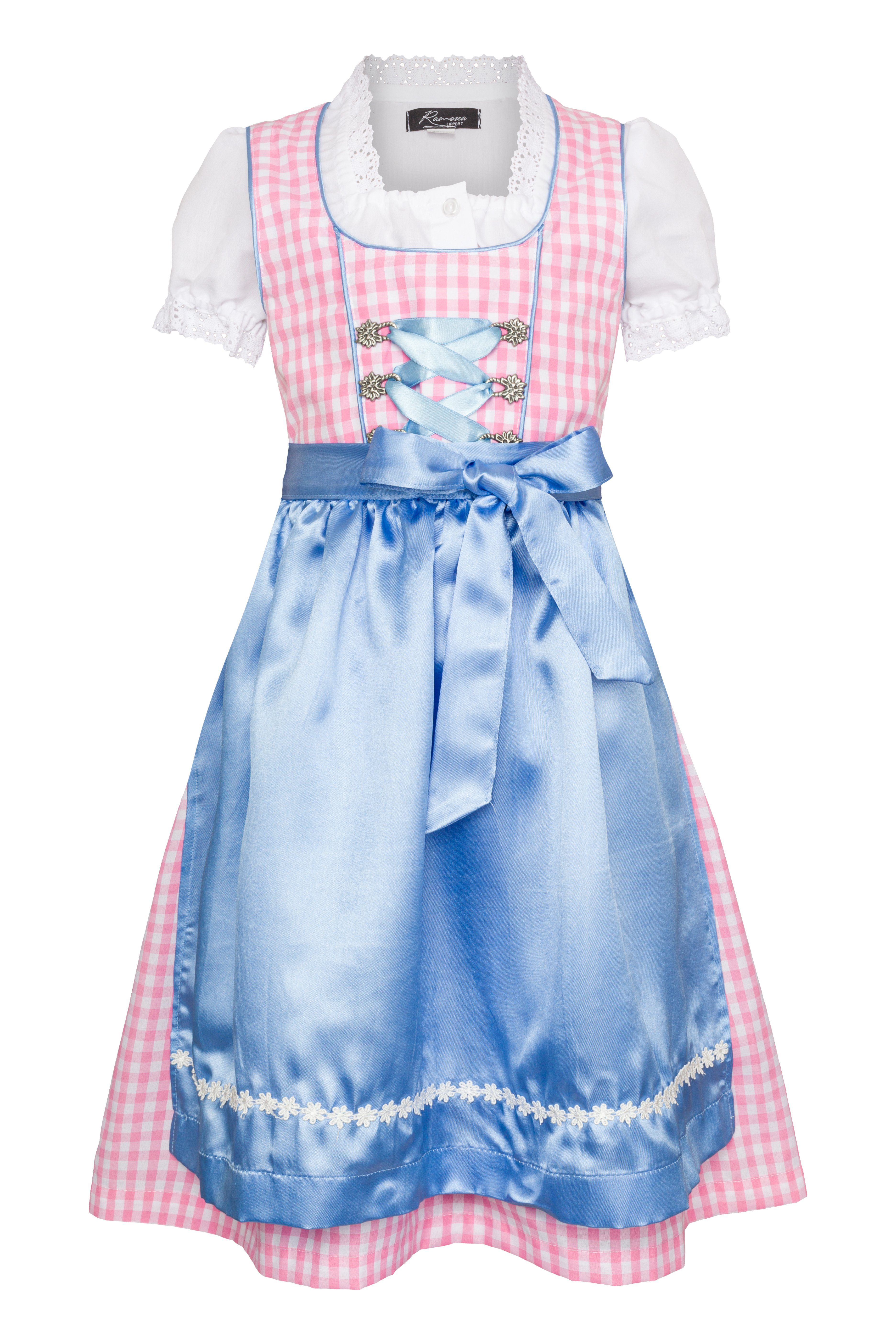 Dirndl 3-teilig blau kariert Lippert Mia Kinderdirndl mit Ramona rosa Bluse