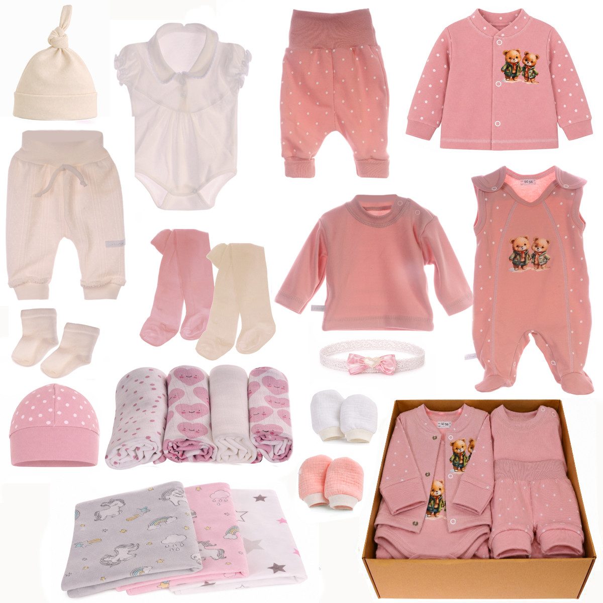 Erstausstattungspaket Baby Set 21-Tlg in creme altrosa Geschenk Paket für Neugeborene