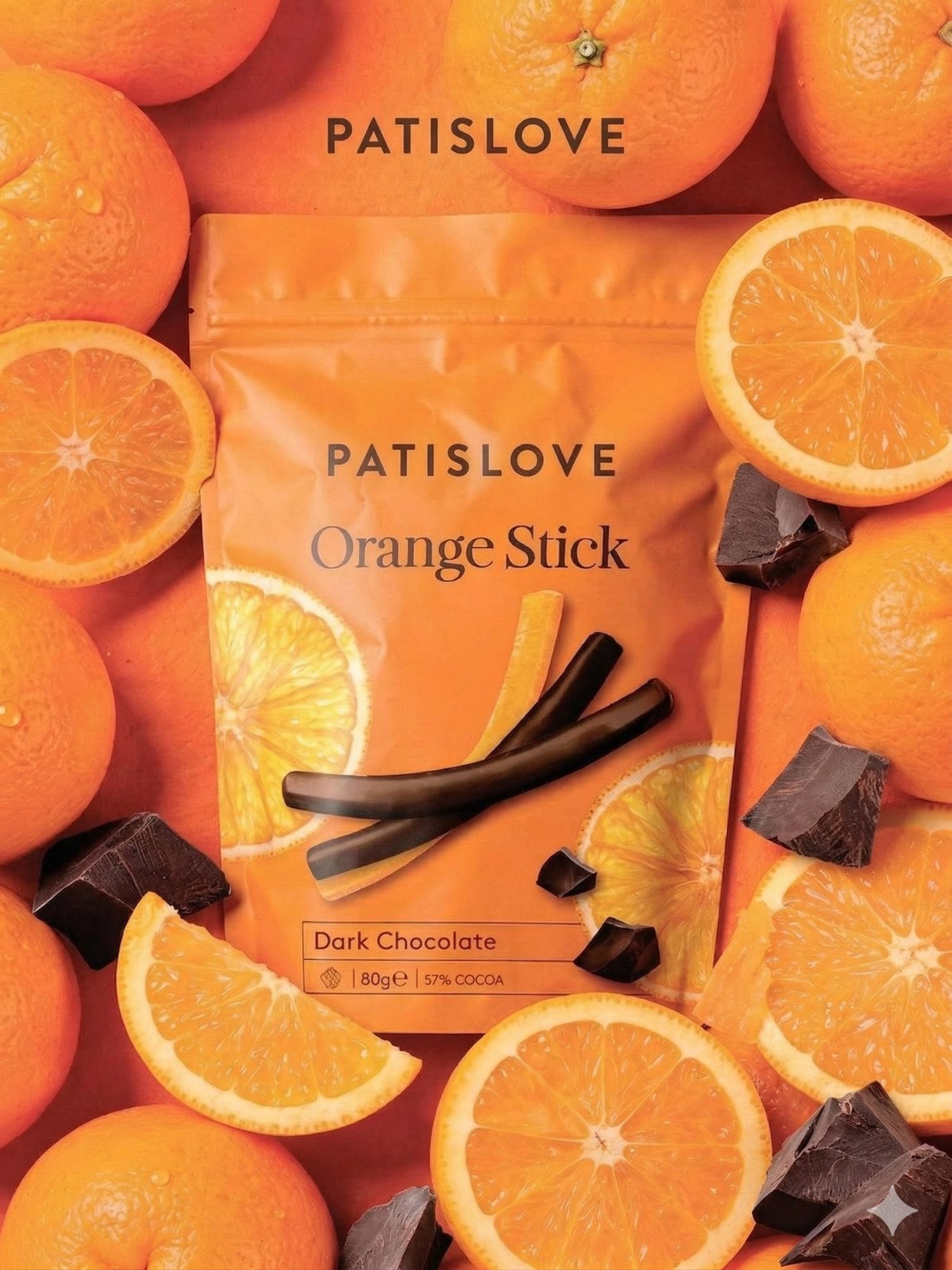 PATISLOVE Schokolade Patislove Zartbitterschokolade Orangen-Sticks, Schoko-Stäbchen, 80g, Fruchtige Orangenfüllung, Edelbitterschokolade, Premium-Qualität