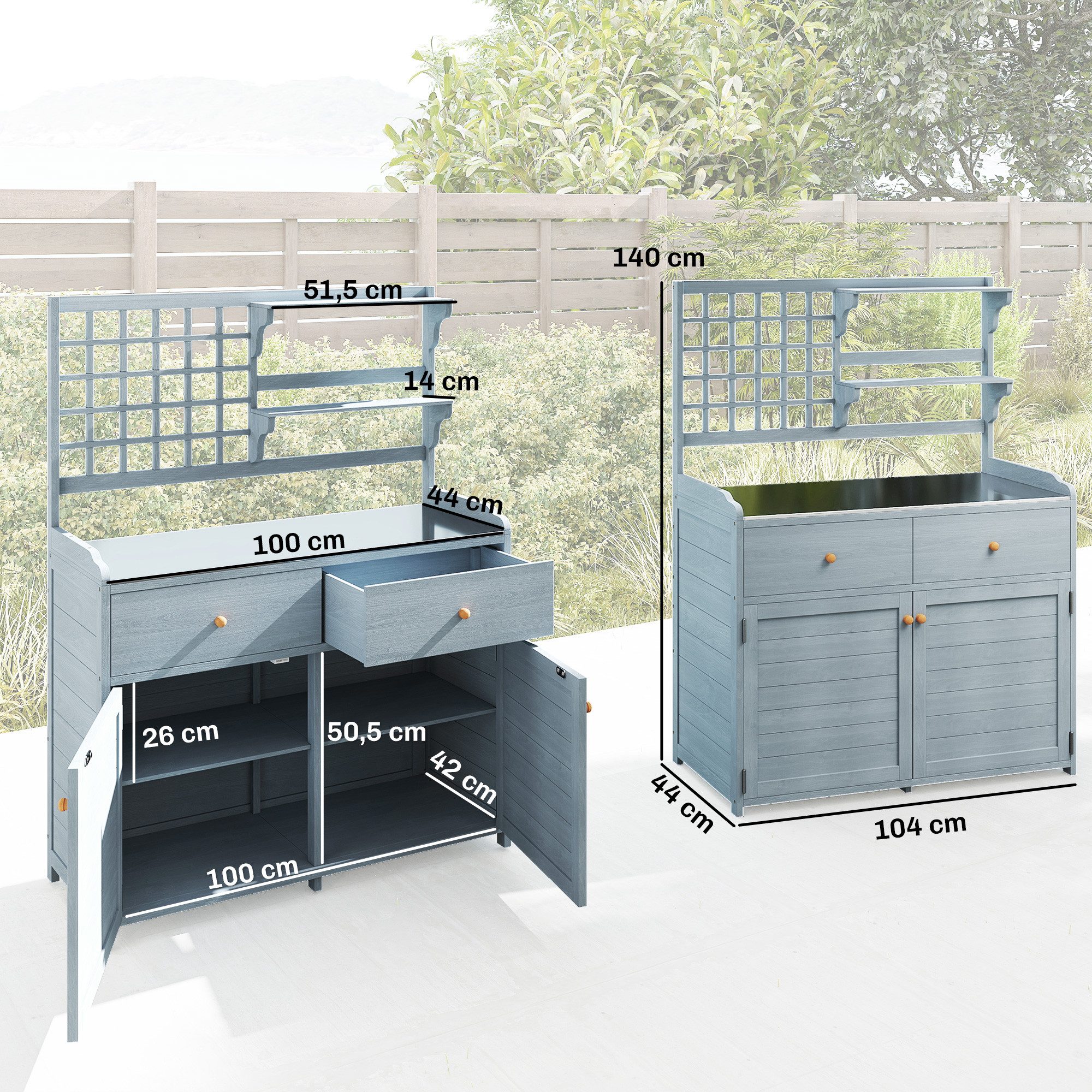 Outsunny Pflanztisch Geräteschrank aus Holz mit verzinkter Arbeitsplatte 2 Schubladen (Gärtnertisch, 1-St., Outdoor Gartenschrank), für Garten Balkon Terrasse 104x44x140 cm Hellgrau