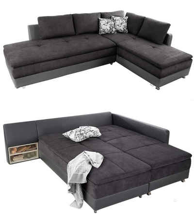 luma-home Ecksofa 15105, Dauerschläfer mit schwenkbarer Ottomane links 307x223 cm, Stauraum, Federkern, Boxspring, Topper, Mikrofaser Anthrazit, Kunstleder Grau