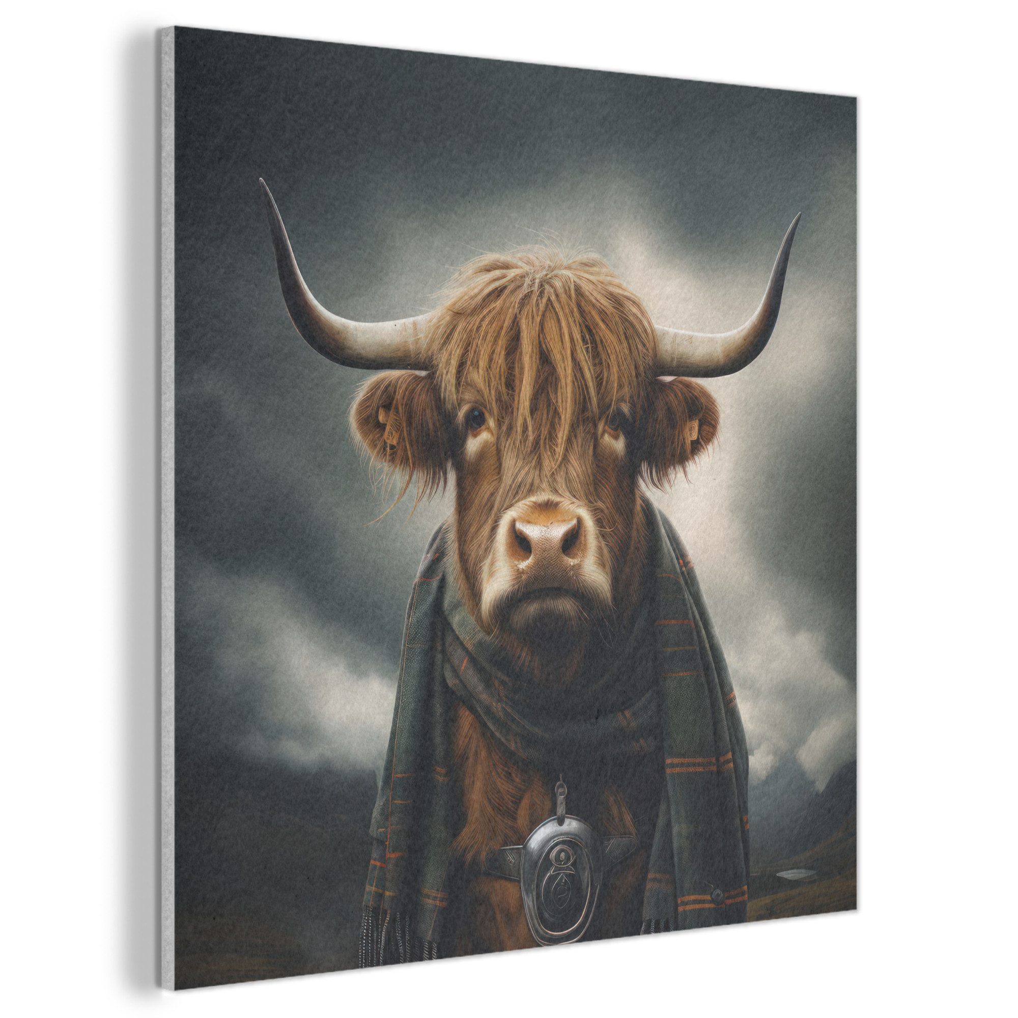MuchoWow Gemälde Schottischer Highlander - Schal - Berge, Fotodruck (1 St), Akustikbilder PET-Filz, Wandpaneele, Akustikpaneele 40x40 cm