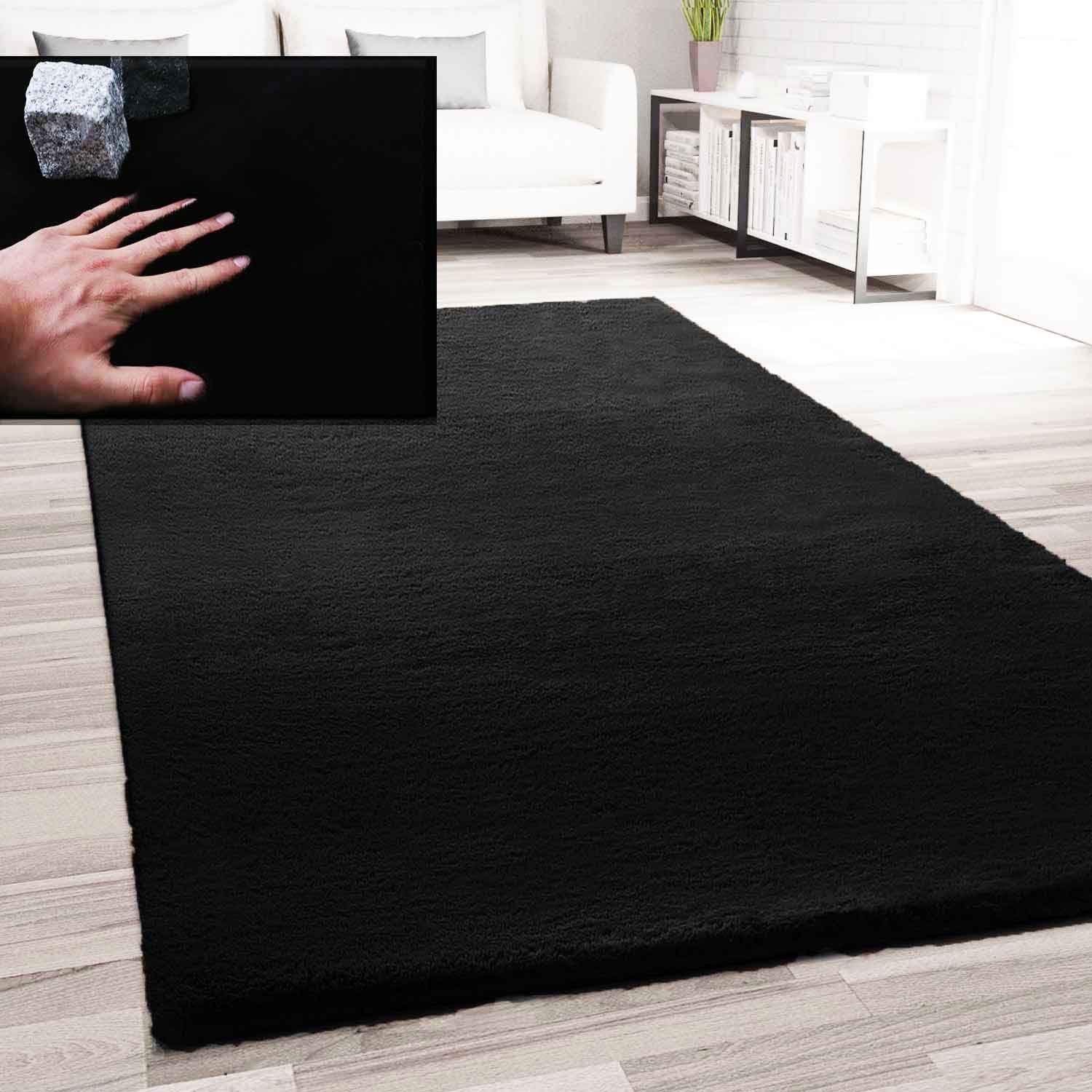 Fellteppich Kunstfell Teppich Imitat in Schwarz Dicht Flauschig, Vimoda, Rund