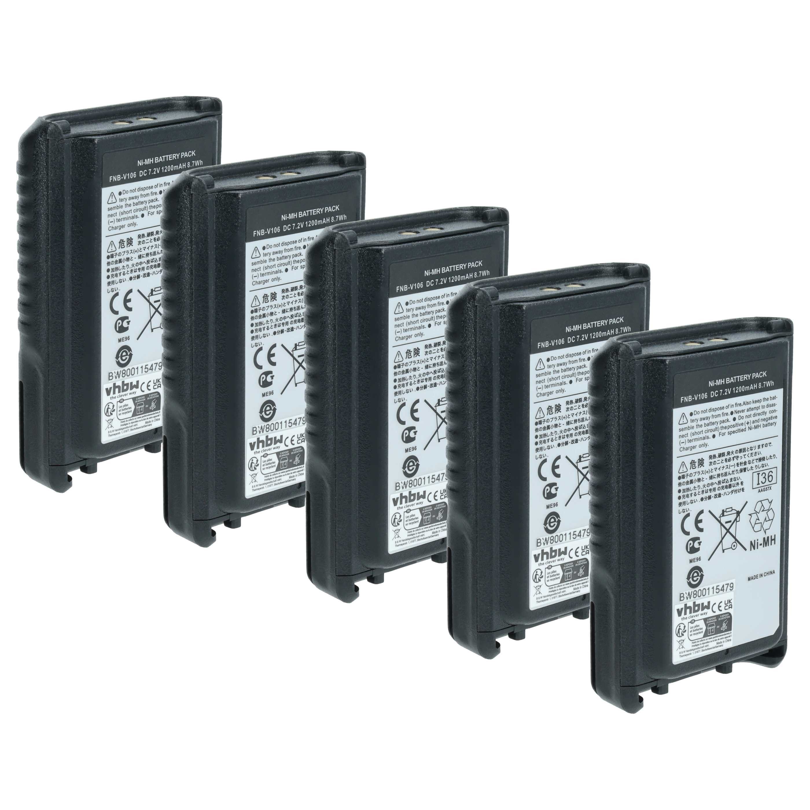 vhbw Akku Ersatz für Vertex Yaesu AAG57X002, FNB-V106 für Funkgerät (1200 Akku Akku NiMH 1200 mAh (7,2 V, 5 St), Leistungsfähige Austausch-Akkus für Ihr Funkgerät, Walkie-Talkie