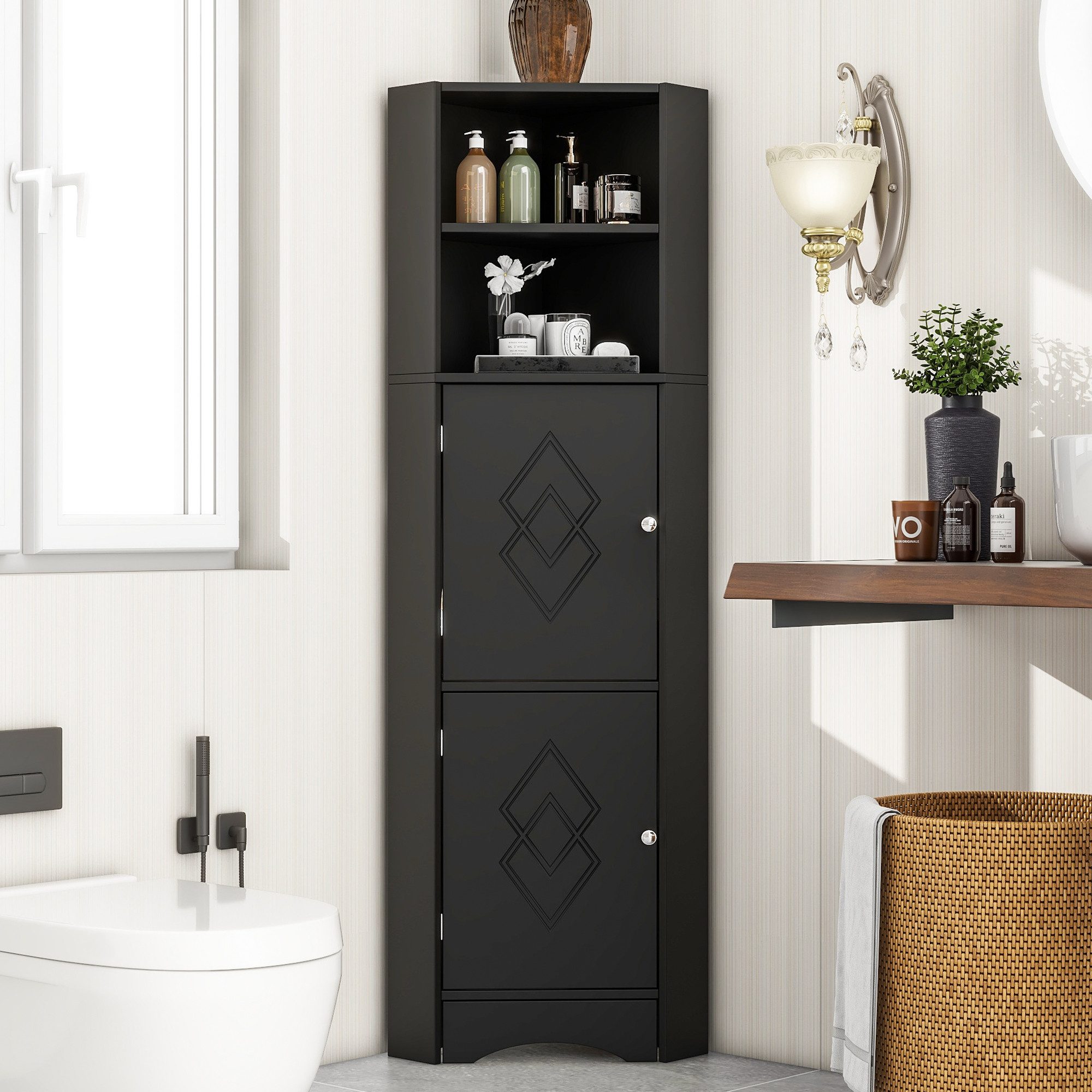 Flieks Badkommode Eckschrank mit 2 Türen und verstellbarem Einlegeboden (36.5x36.5x155 cm, 1 St., für Wohnzimmer, Arbeitszimmer, Schlafzimmer), Hochschrank mit 5 Fächern Mehrzweckschrank Badmöbel, Höhe 155 cm