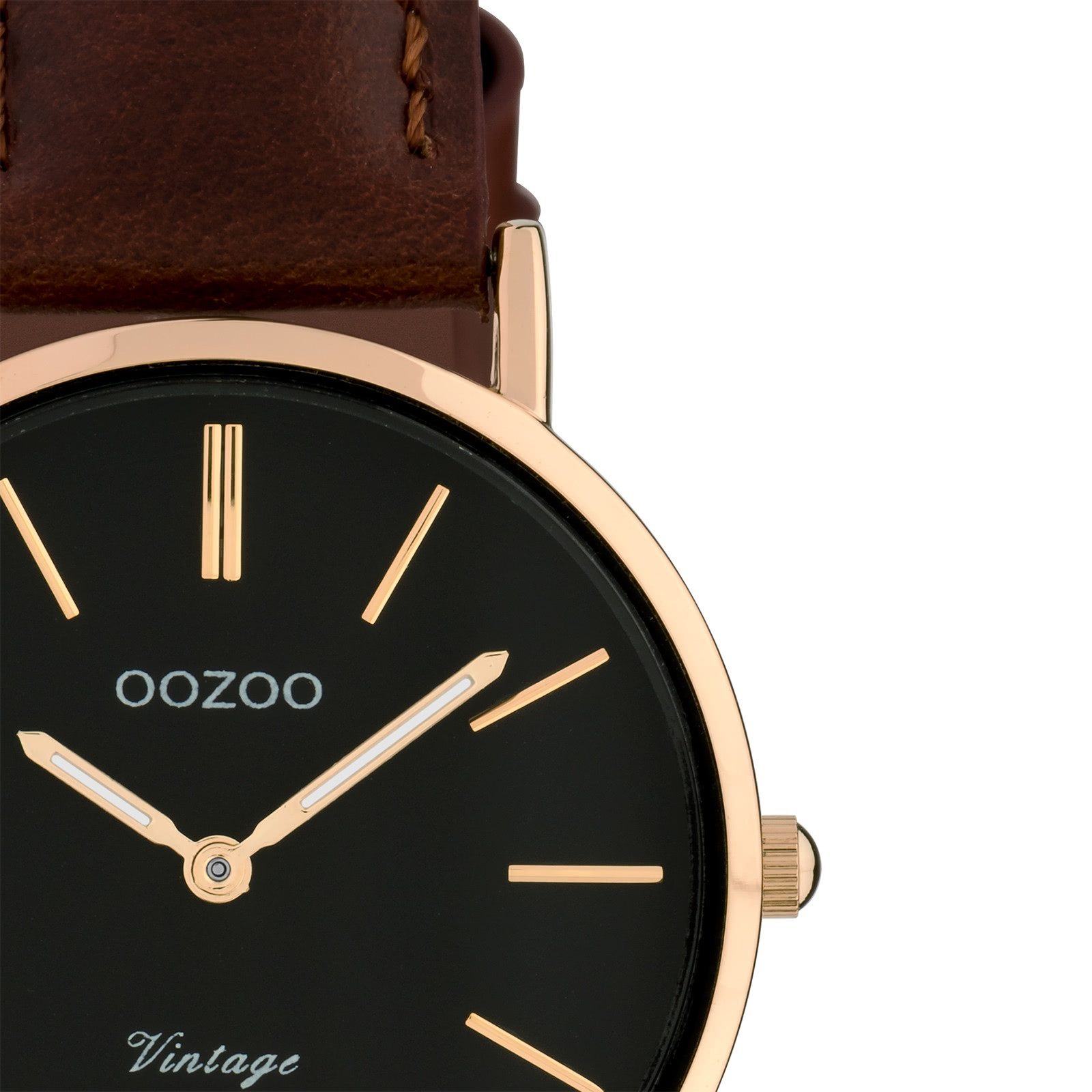OOZOO Quarzuhr Oozoo Damen Armbanduhr Vintage, (Analoguhr), Damenuhr rund, mittel (ca. 32mm), Lederarmband braun, Fashion