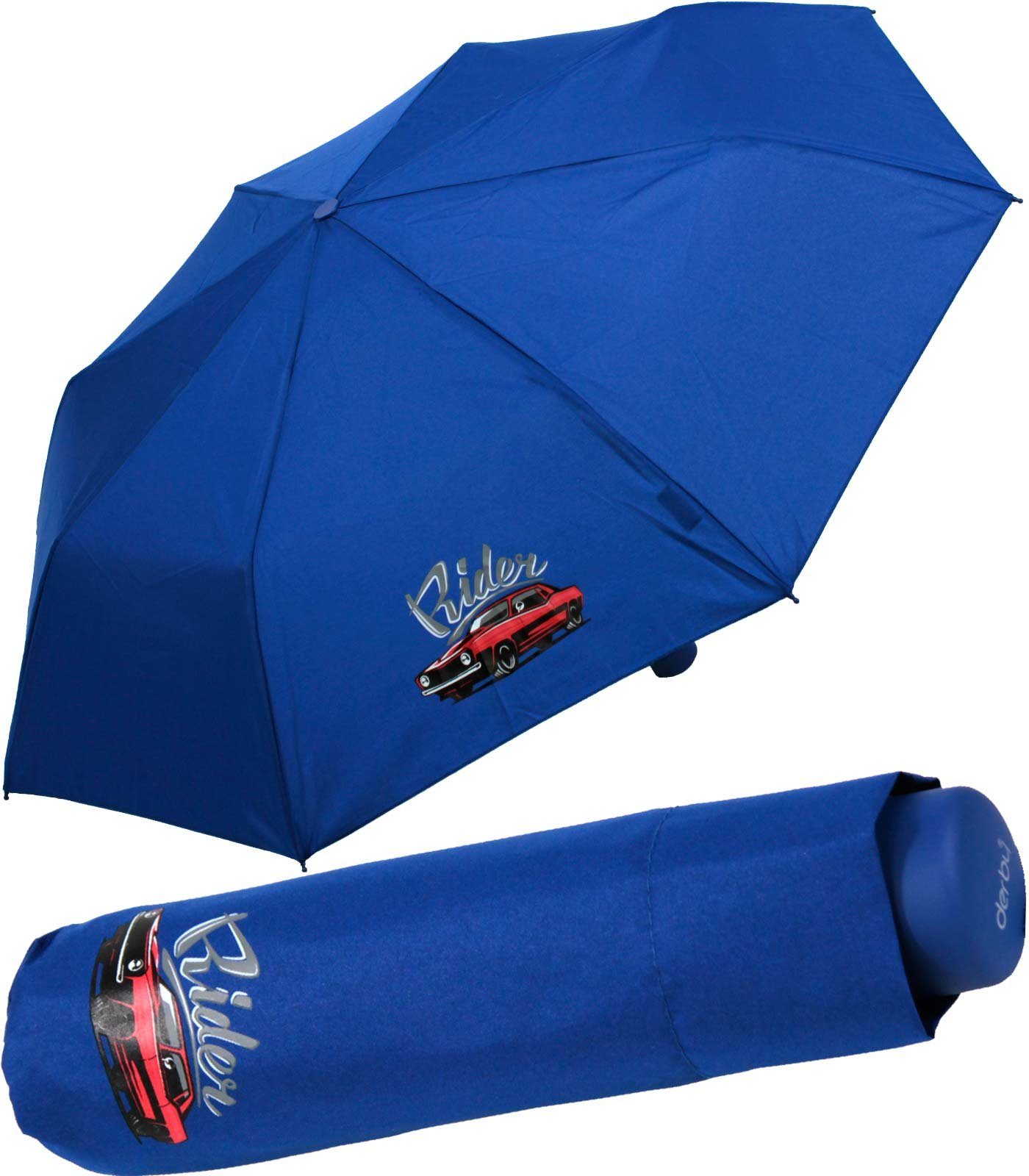 derby Taschenregenschirm Mini Kinderschirm Jungen leicht Kids Schule - blau, ein leichter Schirm für den Schulweg mit coolen Motiven cars rider
