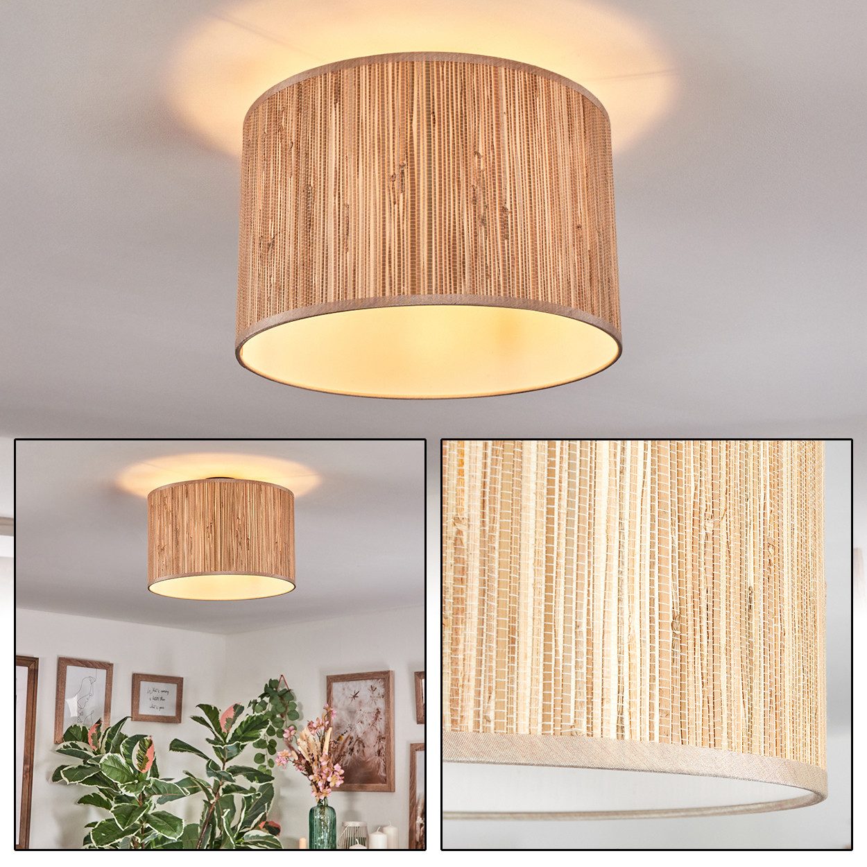 Deckenleuchte Deckenlampe aus Metall/Seegras/Stoff in Schwarz/Natur/Beige