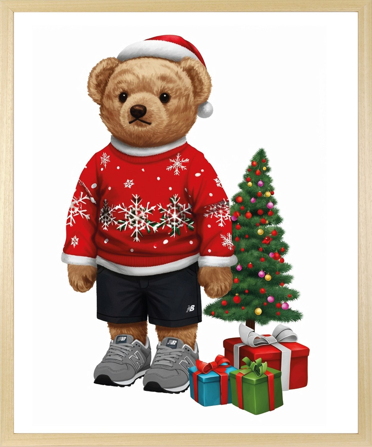 queence Bild mit Rahmen Teddy Bär mit Weihnachtsmütze und Geschenken, Bär, Bären, Fashion, Figuren, Mode, Modebilder, HD Premium Poster-Druck inkl. Echtholzrahmen in beige