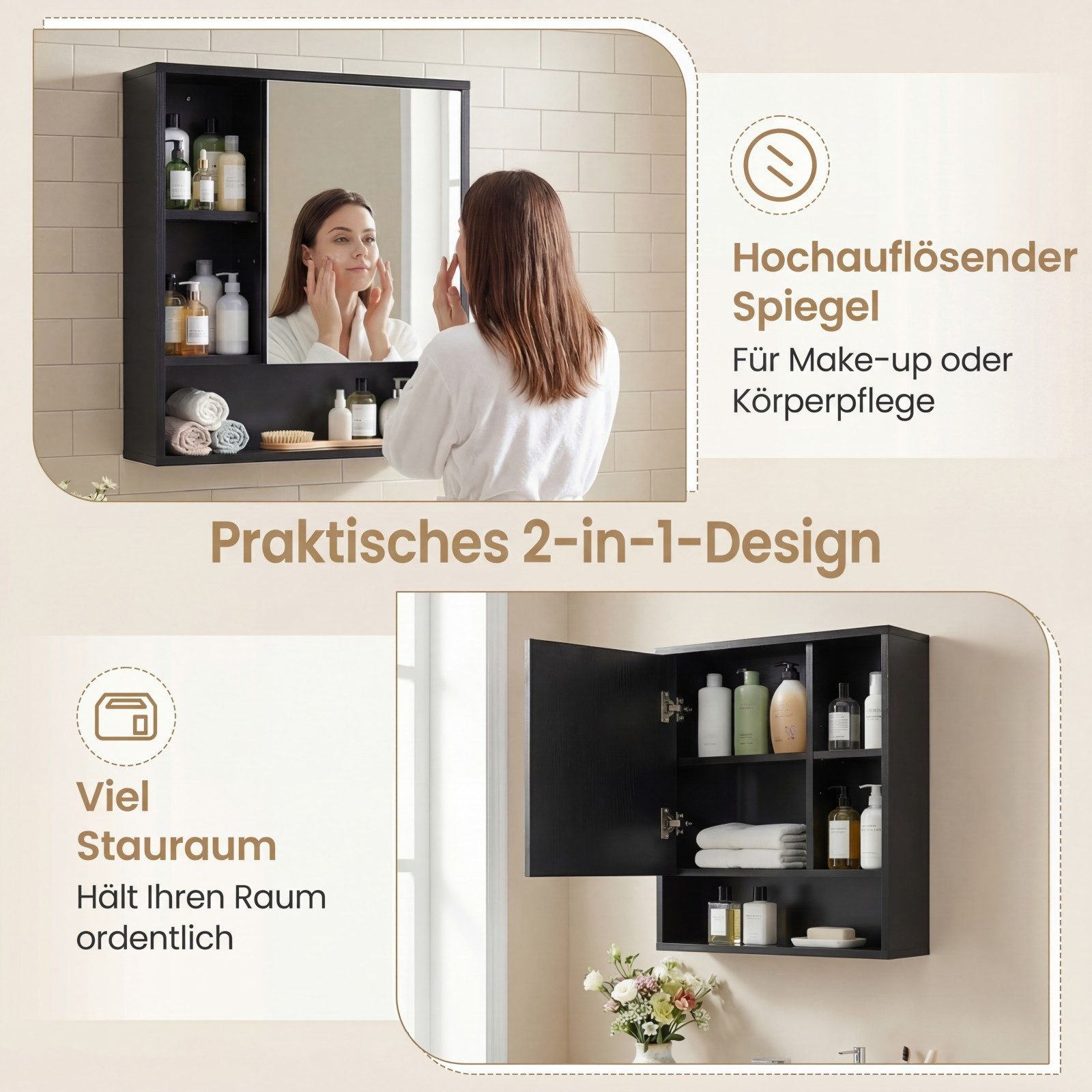 COSTWAY Hängeschrank Spiegelschrank, Badschrank mit verstellbaren Ablagen