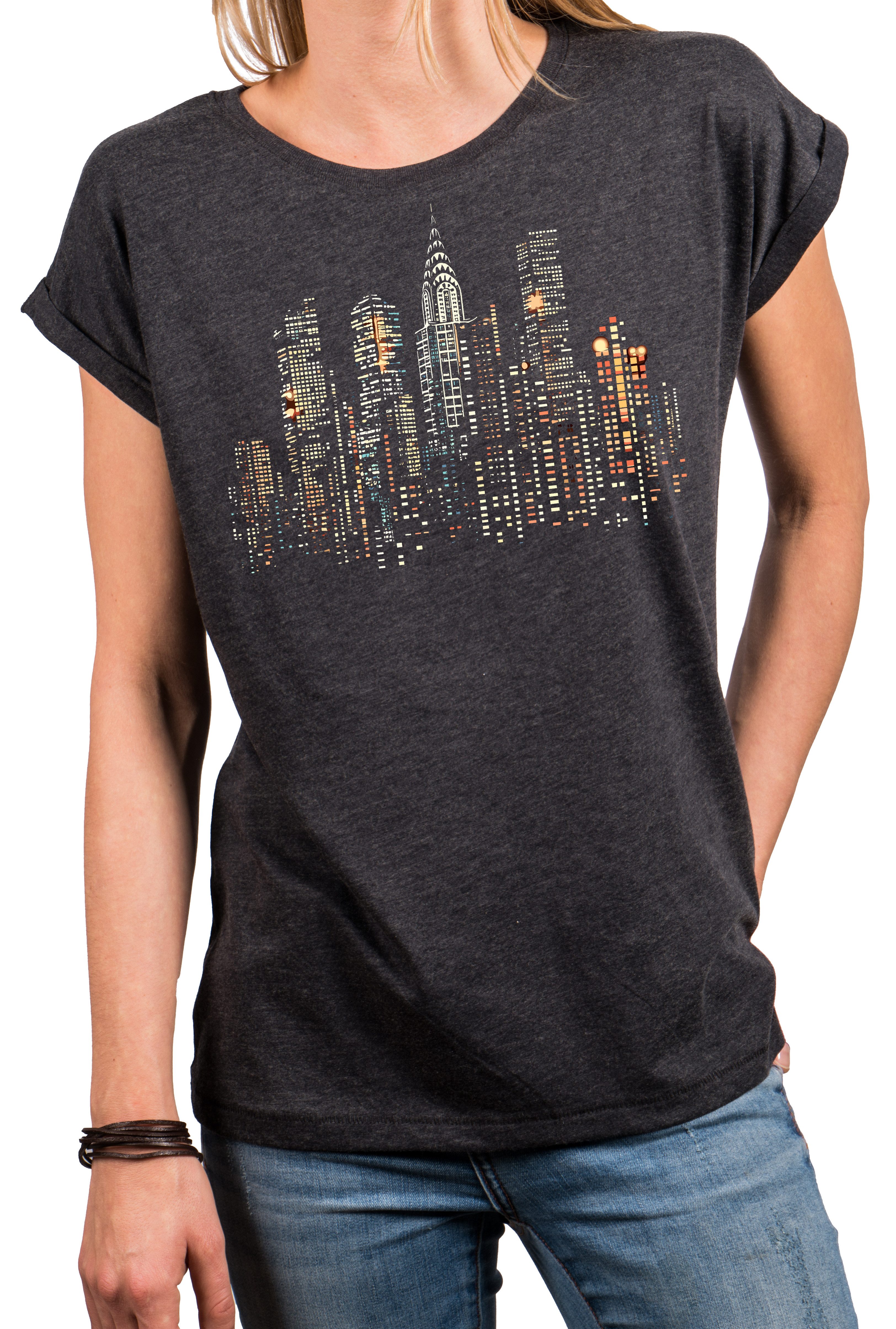 MAKAYA T-Shirt Damen-Top mit USA Skyline – bunte Punkte, New York & Amerika-Motiv (Schwarz, Blau, Dunkelgrau, 34, 36, 38, 40, 42, 44, 46, 48, 50) Baumwolle