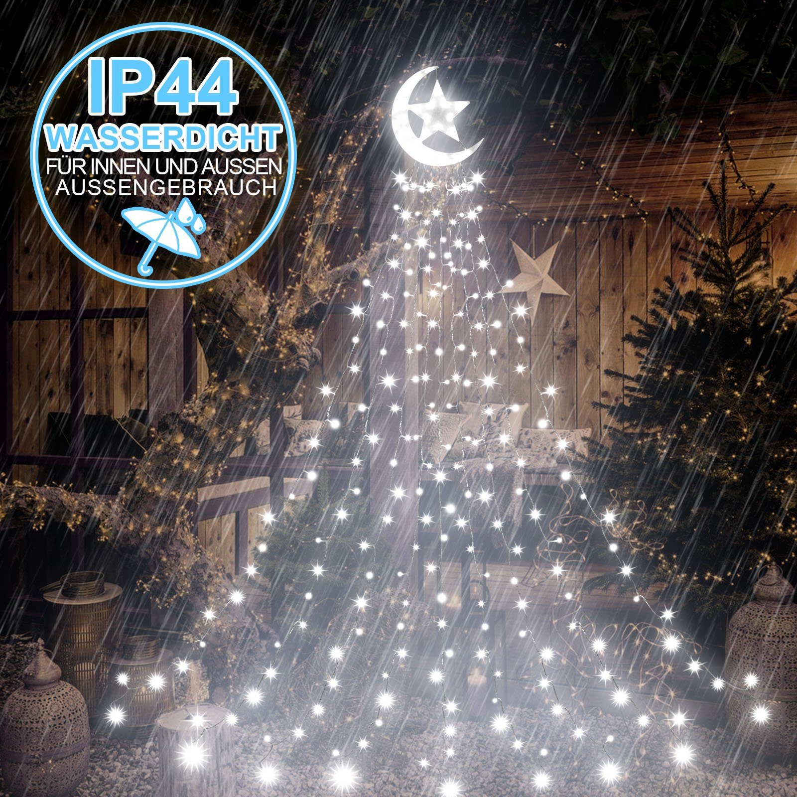 LED-Baummantel Mondstern; Timer, Ramadan; 8 3.47M, Rosnek Modi, Innenhof Deko; für Weiß Stränge, wasserdicht, mit Baum 9 Speicherfunktion; Weihnachten, 350-flammig, Topper Dach