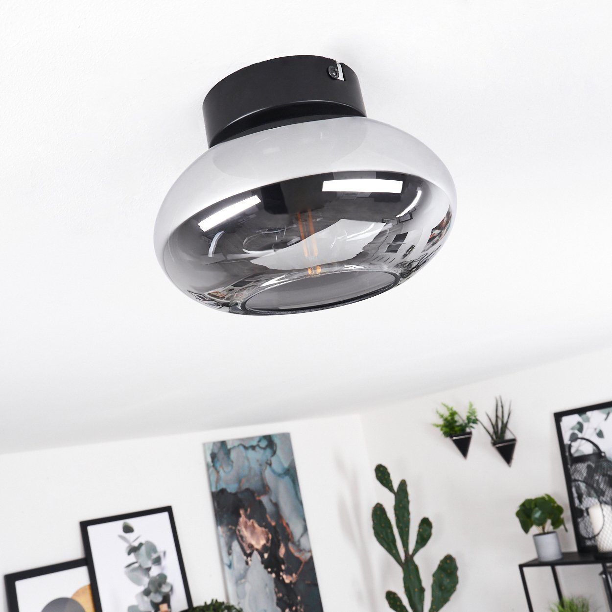 hofstein Deckenleuchte »Pietramelara« Deckenlampe aus Metall/Glas in Schwarz/Rauchfarben, ohne Leuchtmittel, runde Leuchte mit Schirm aus Echtglas, Ø17, 5cm, 1x – Bild 2 von 5