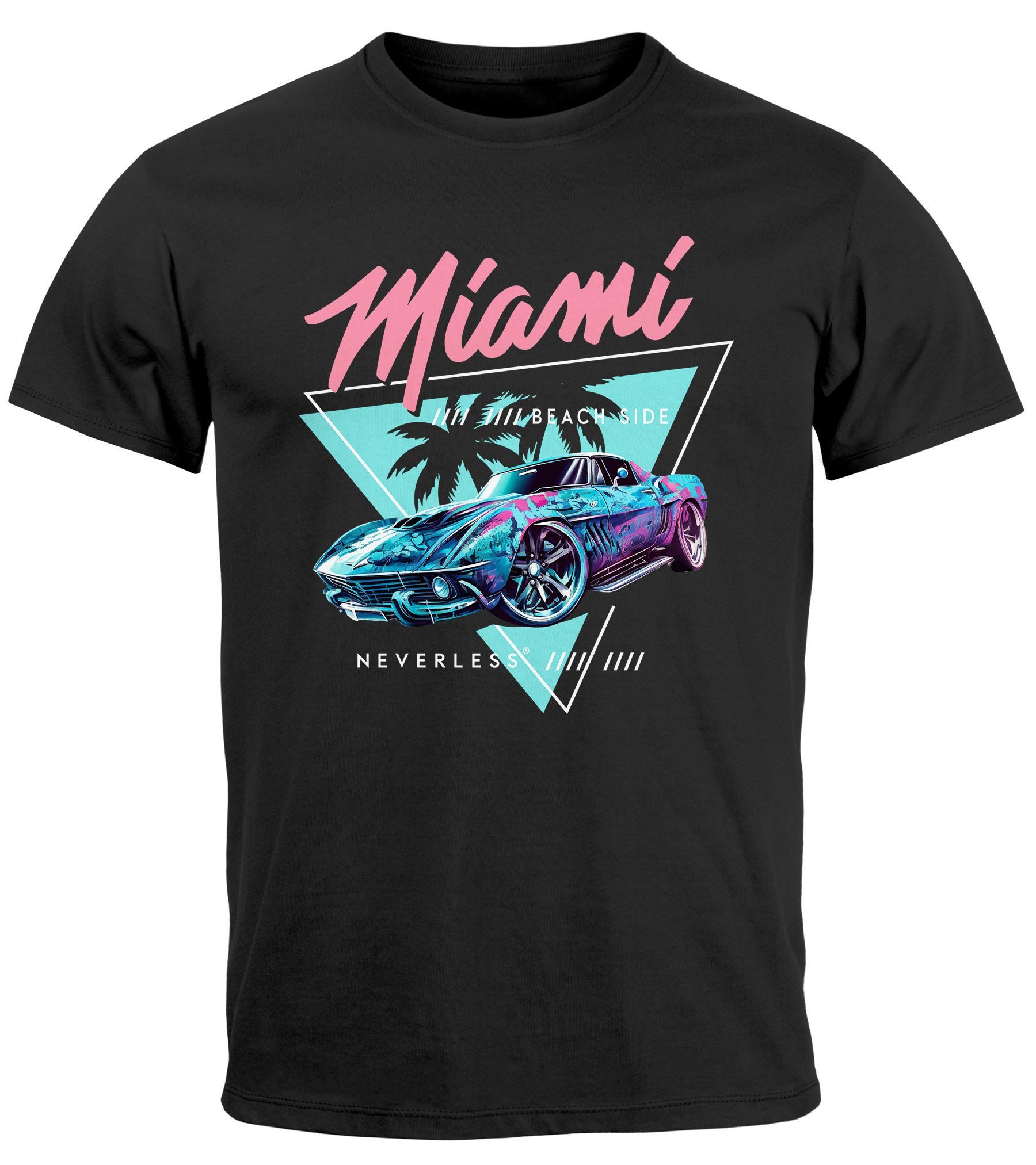 Neverless Print-Shirt Herren T-Shirt Bedruckt Miami Beach Surfing Motiv USA Retro Automobil mit Print