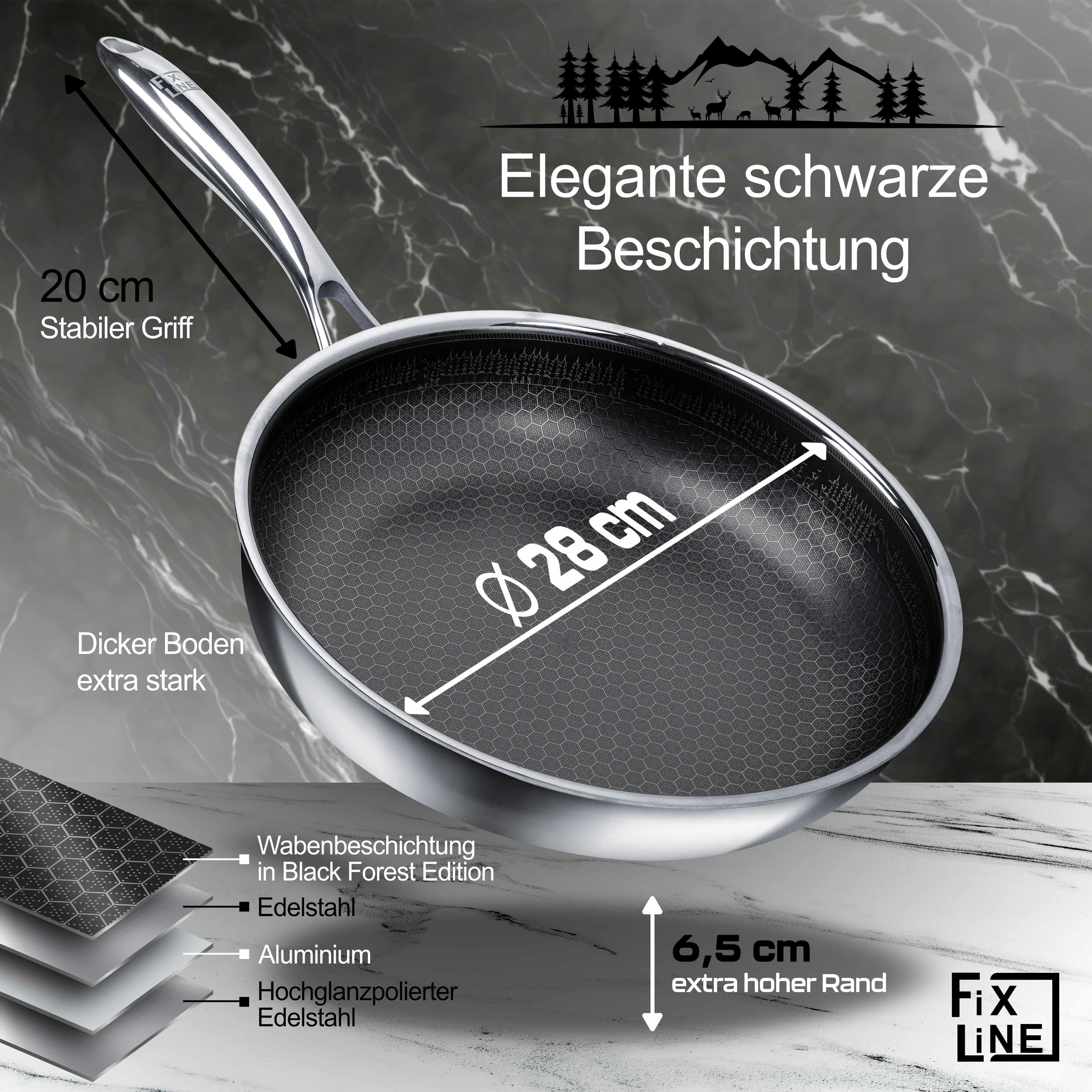 FIXLINE Bratpfanne 28cm BLACK FOREST Edition Kratzfeste Beschichtung Induktion, Edelstahl (Wabenboden, Pfanne), Perfekte Geschenidee