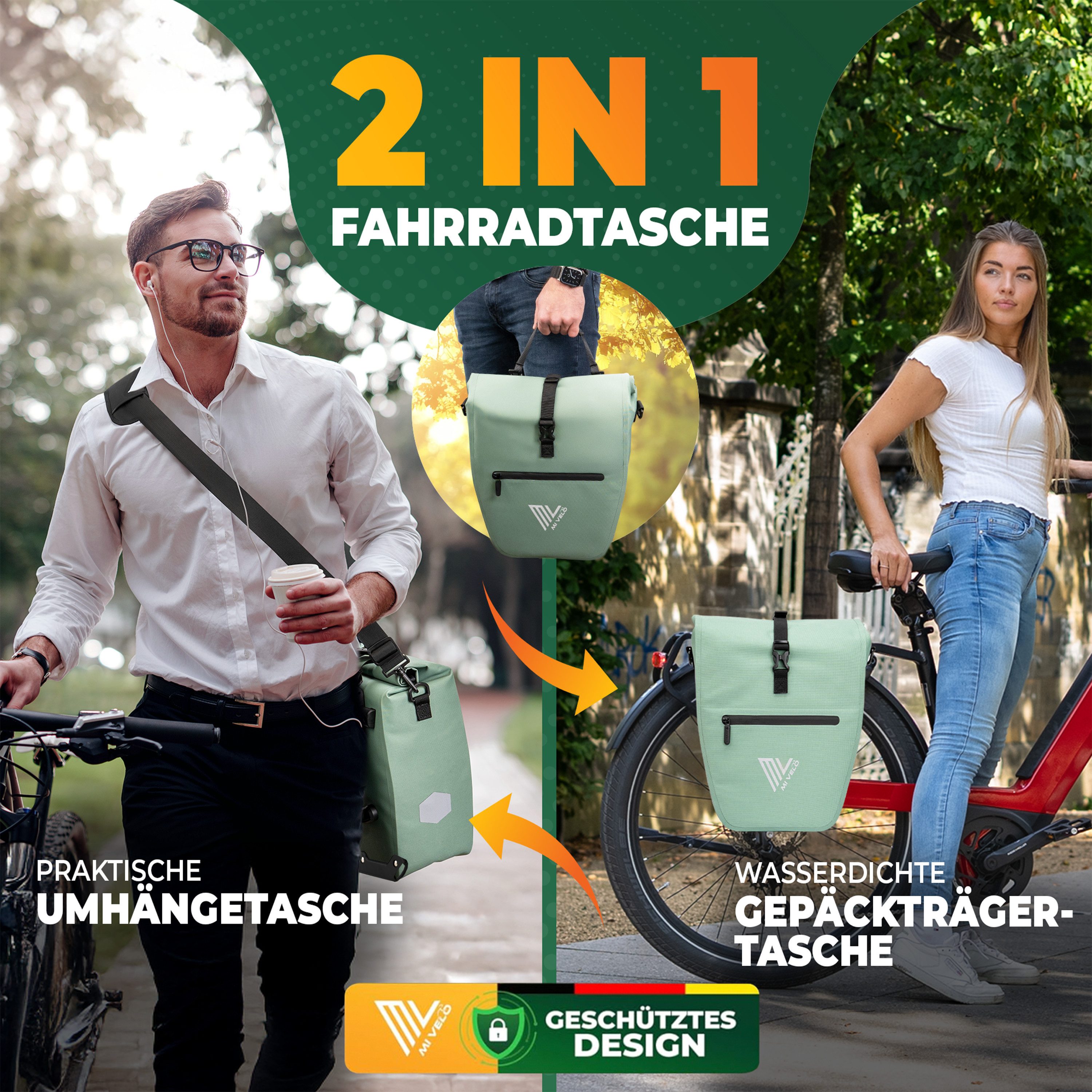 MIVELO Fahrradtasche Gepäckträgertasche wasserdicht inkl. Gurt für Umhängetasche, 2 Varianten wählbar