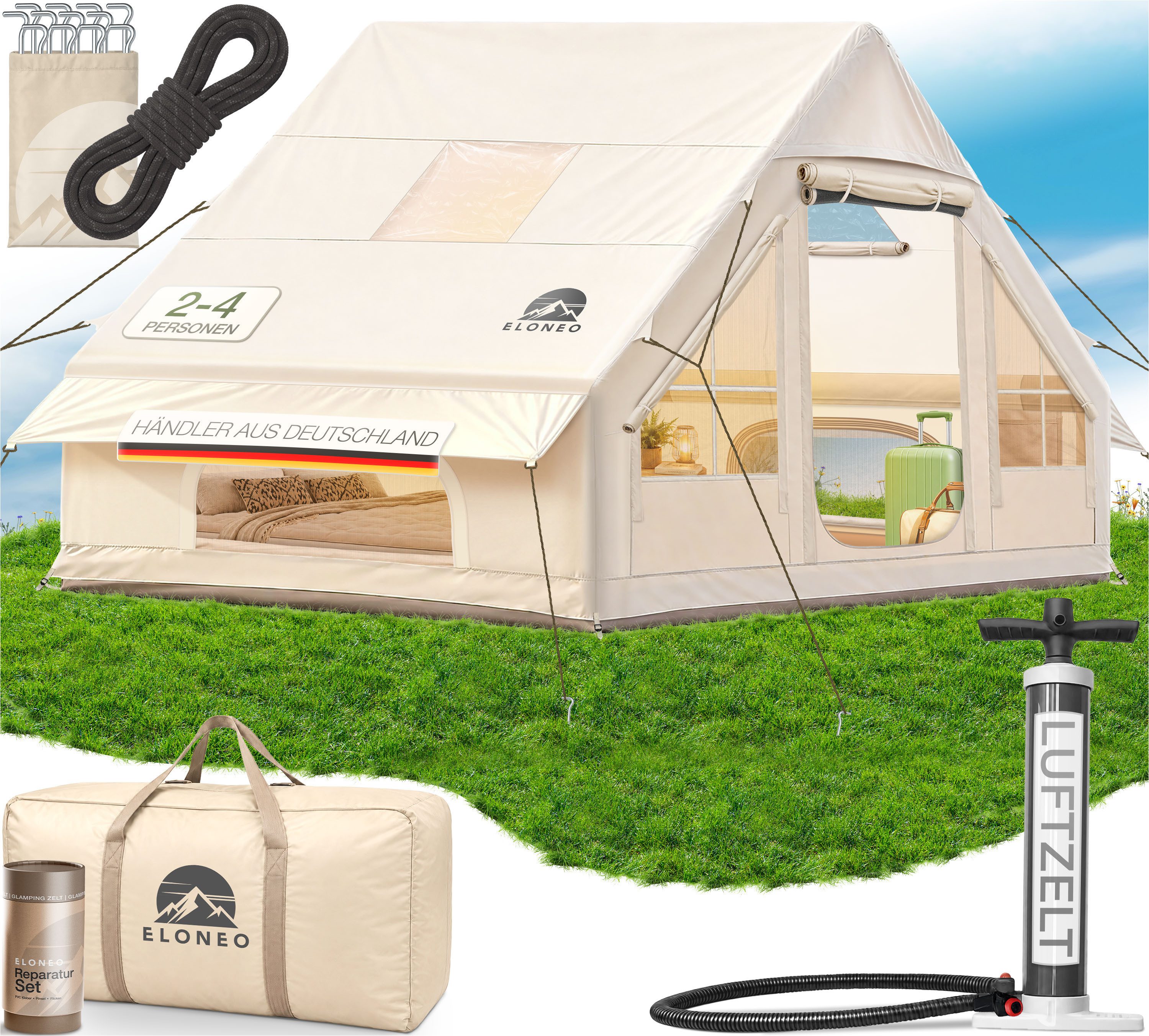 ELONEO aufblasbares Zelt ELONEO Glamping Zelt für 2-8 Personen mit Dachfenster, Personen: 8, UV-Schutz: UV50+